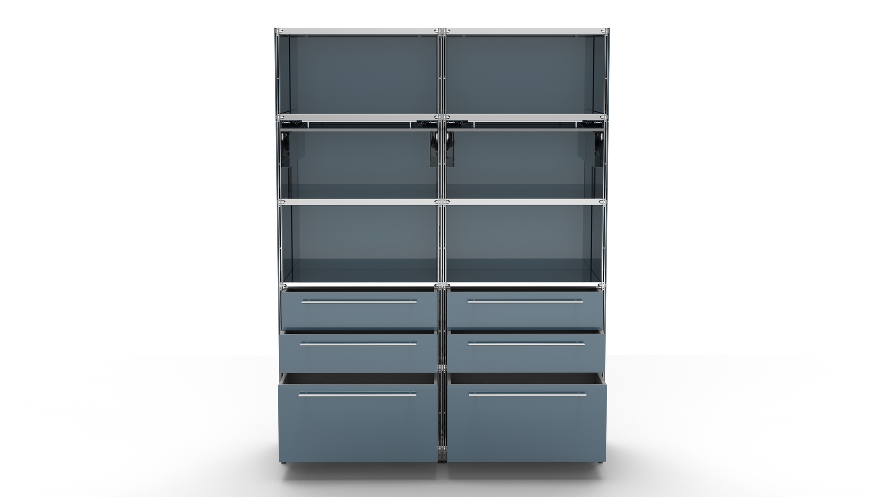 BALTON KUBUS Highboard Metall anthrazit grau mit 4 offenen Fächern + 2 Klappen + 2 großen Schubfächern + 2 Doppel-Schublade 157 cm breit 210 cm hoch