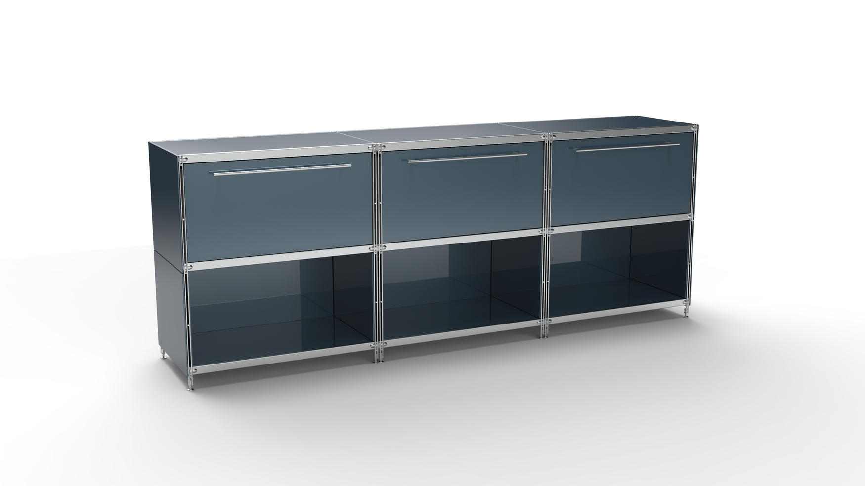 KUBUS Sideboard Metall anthrazit pulverbeschichtet mit 3 großen Schubladen + 3 Fächern offen 235 cm breit