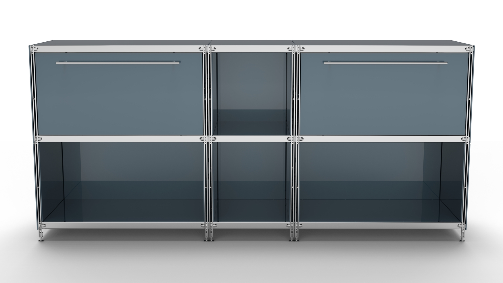 KUBUS Sideboard Metall anthrazit pulverbeschichtet grau 90 cm hoch mit 2 großen Schubladen + 4 Fächern offen 196 cm breit