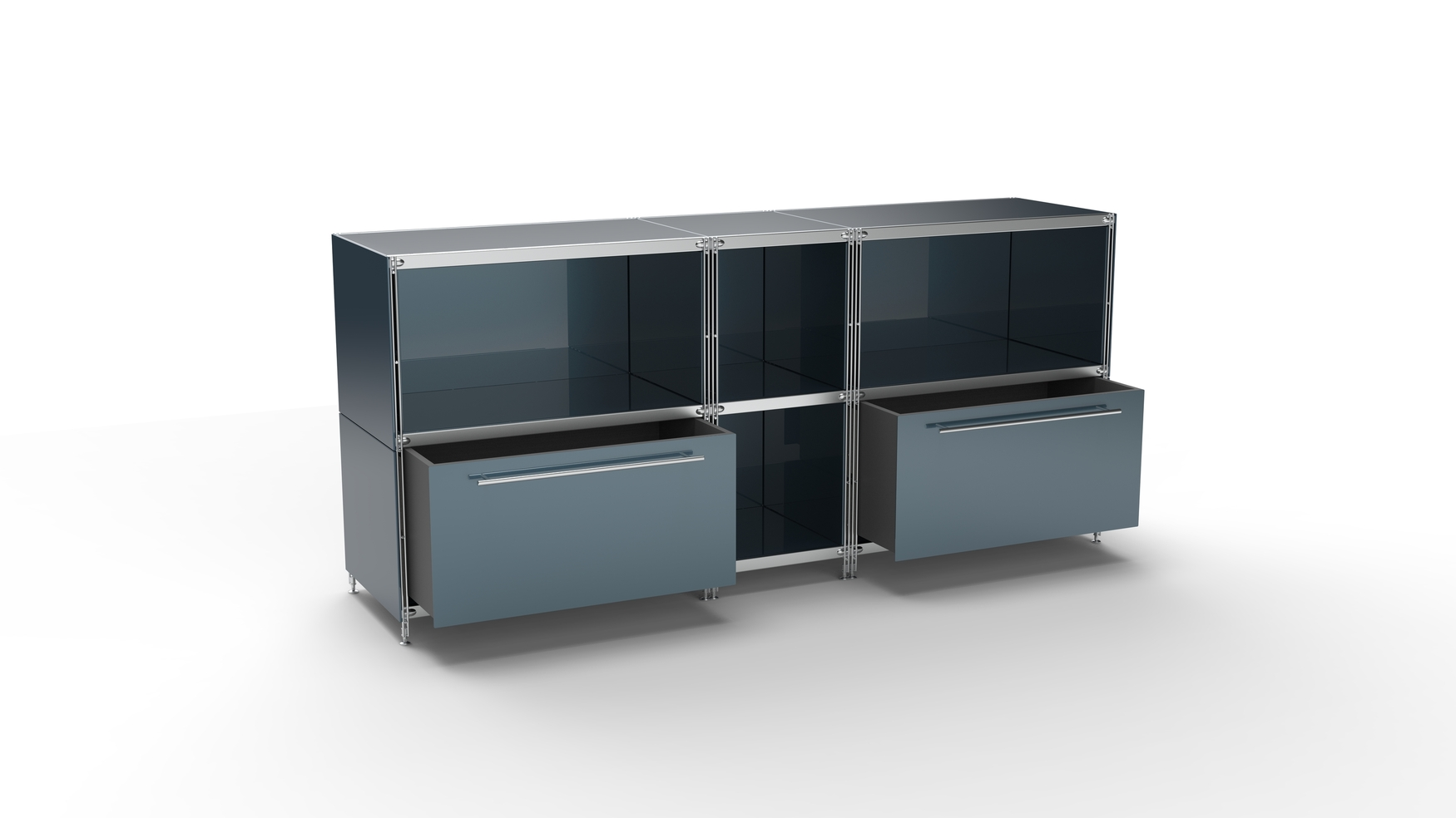 KUBUS Sideboard Metall anthrazit pulverbeschichtet mit 4 Fächern offen + 2 großen Schubladen 196 cm breit