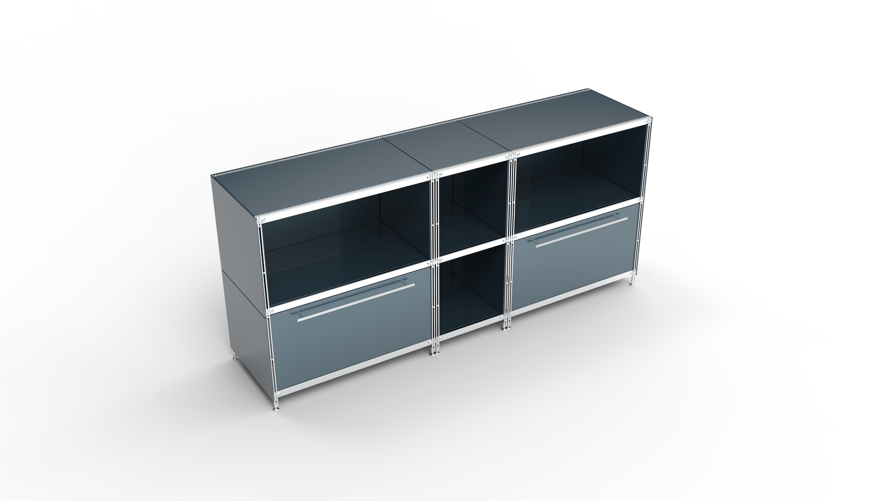 KUBUS Sideboard Metall anthrazit pulverbeschichtet mit 4 Fächern offen + 2 großen Schubladen 196 cm breit