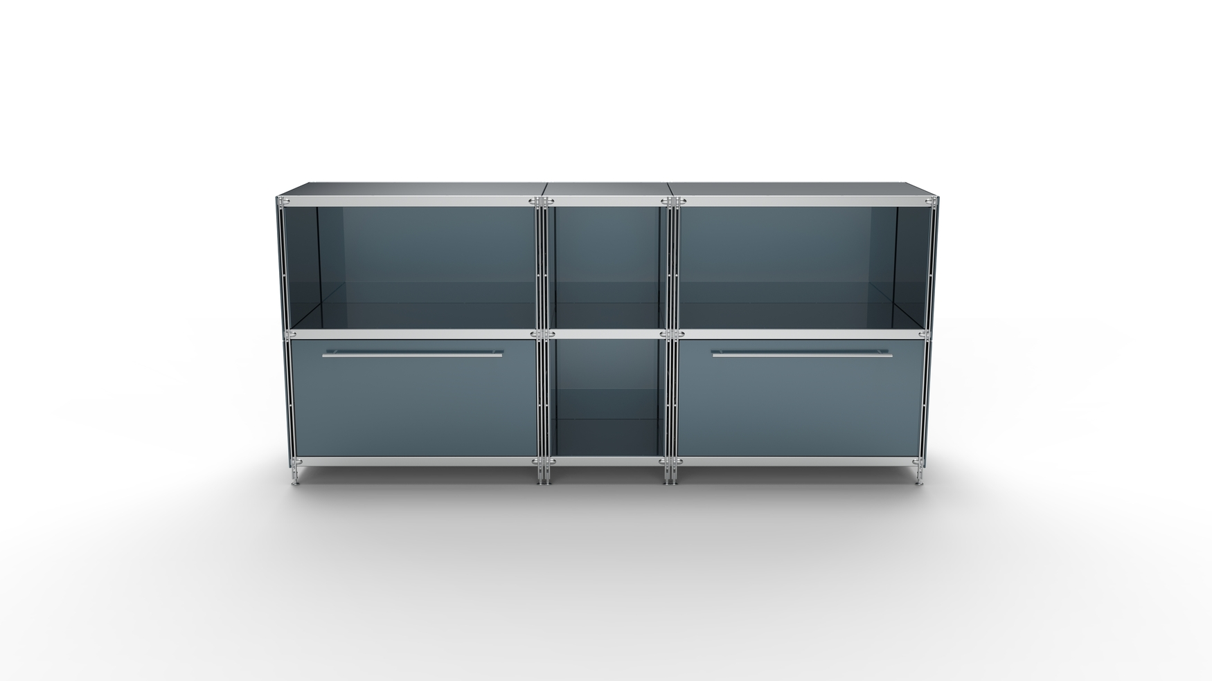 KUBUS Sideboard Metall anthrazit pulverbeschichtet mit 4 Fächern offen + 2 großen Schubladen 196 cm breit
