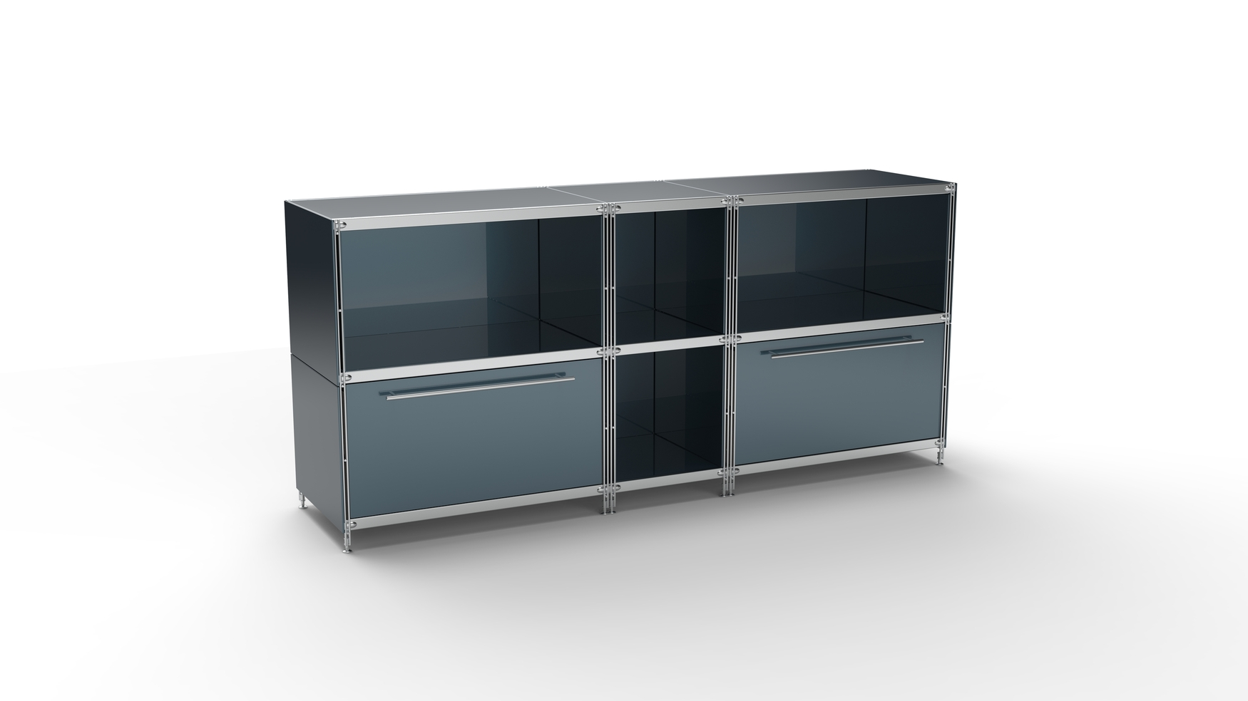 KUBUS Sideboard Metall anthrazit pulverbeschichtet mit 4 Fächern offen + 2 großen Schubladen 196 cm breit