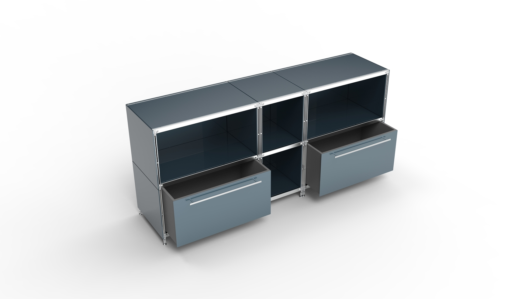 KUBUS Sideboard Metall anthrazit pulverbeschichtet mit 4 Fächern offen + 2 großen Schubladen 196 cm breit