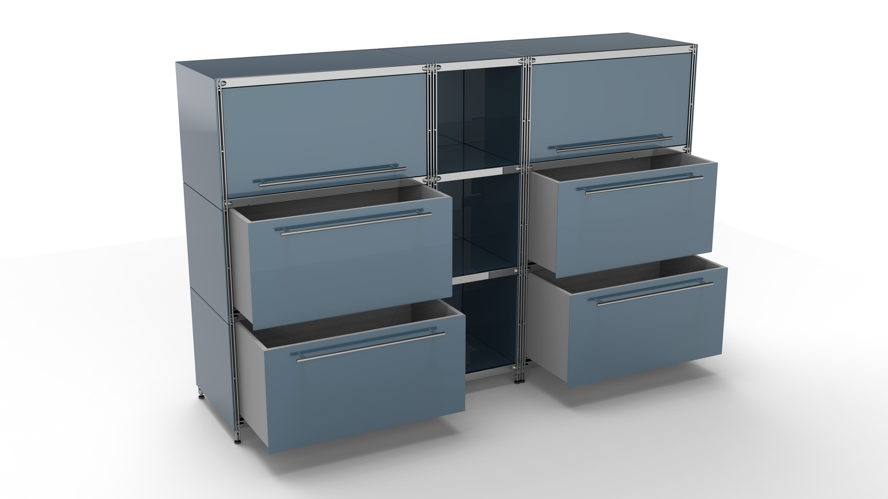 KUBUS Highboard Metall anthrazit mit 2 Klappen + 3 offenen Fächern + 4 großen Schubfächern