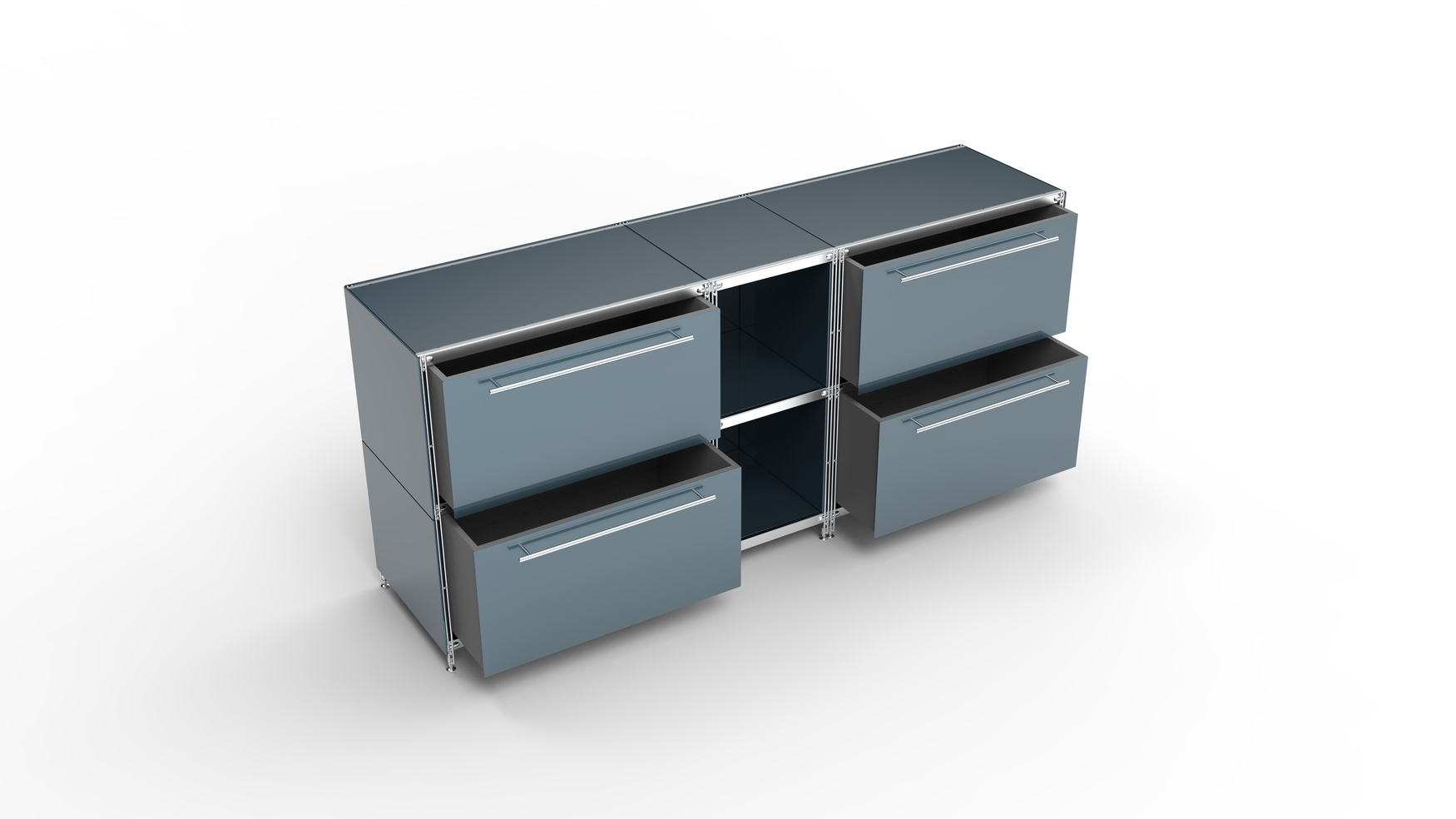 KUBUS Sideboard Metall anthrazit pulverbeschichtet mit 4 großen Schubladen + 2 Fächern offen 196 cm breit