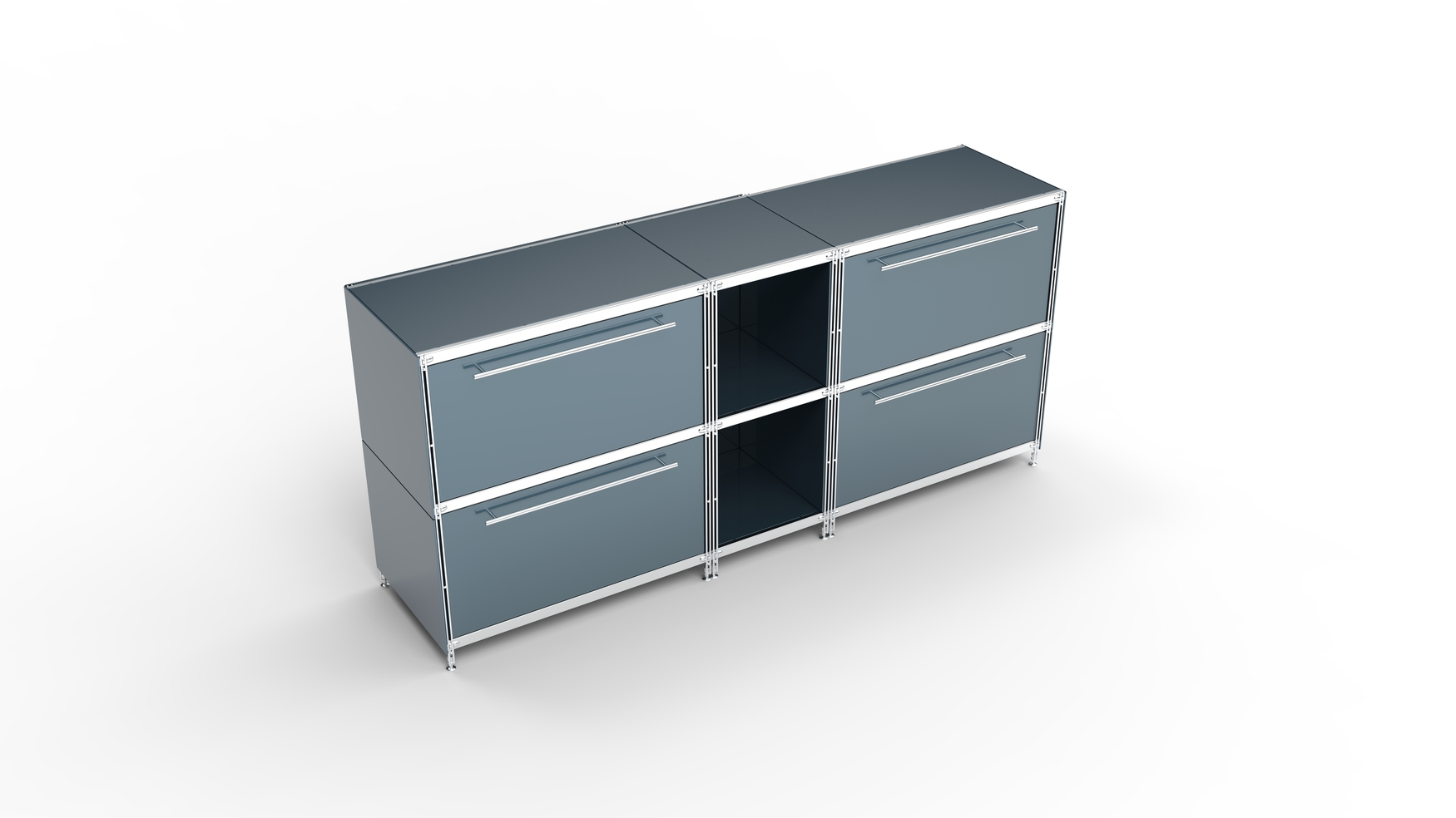 KUBUS Sideboard Metall anthrazit pulverbeschichtet mit 4 großen Schubladen + 2 Fächern offen 196 cm breit 90 cm hoch