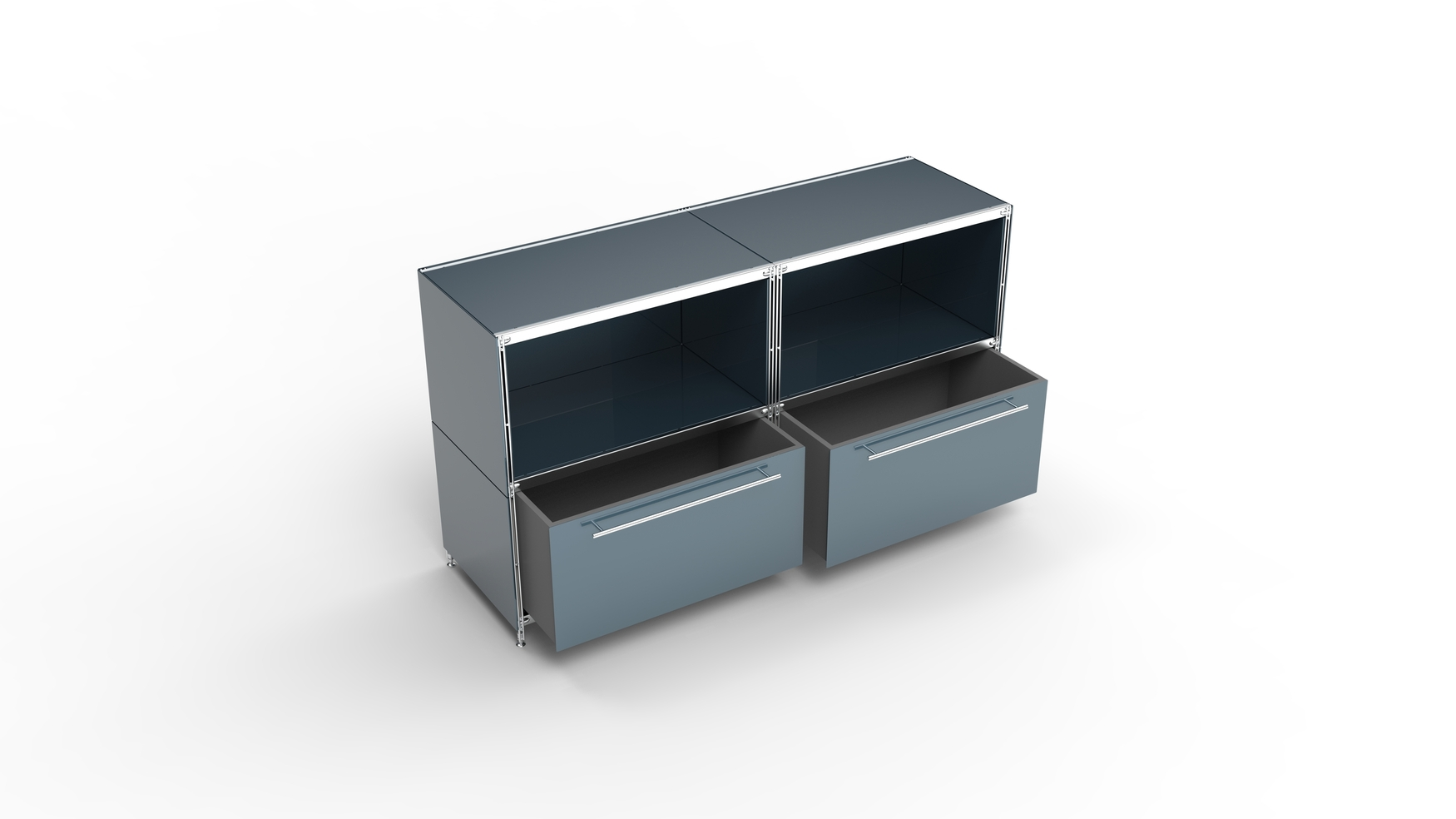 KUBUS Sideboard Metall anthrazit pulverbeschichtet mit 2 Fächern offen + 2 großen Schubladen 160 cm breit