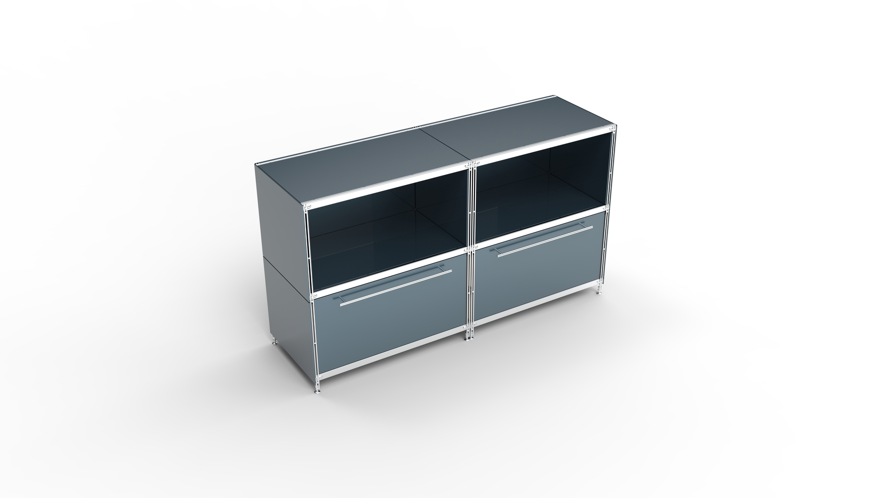 KUBUS Sideboard Metall anthrazit pulverbeschichtet mit 2 Fächern offen + 2 großen Schubladen 160 cm breit