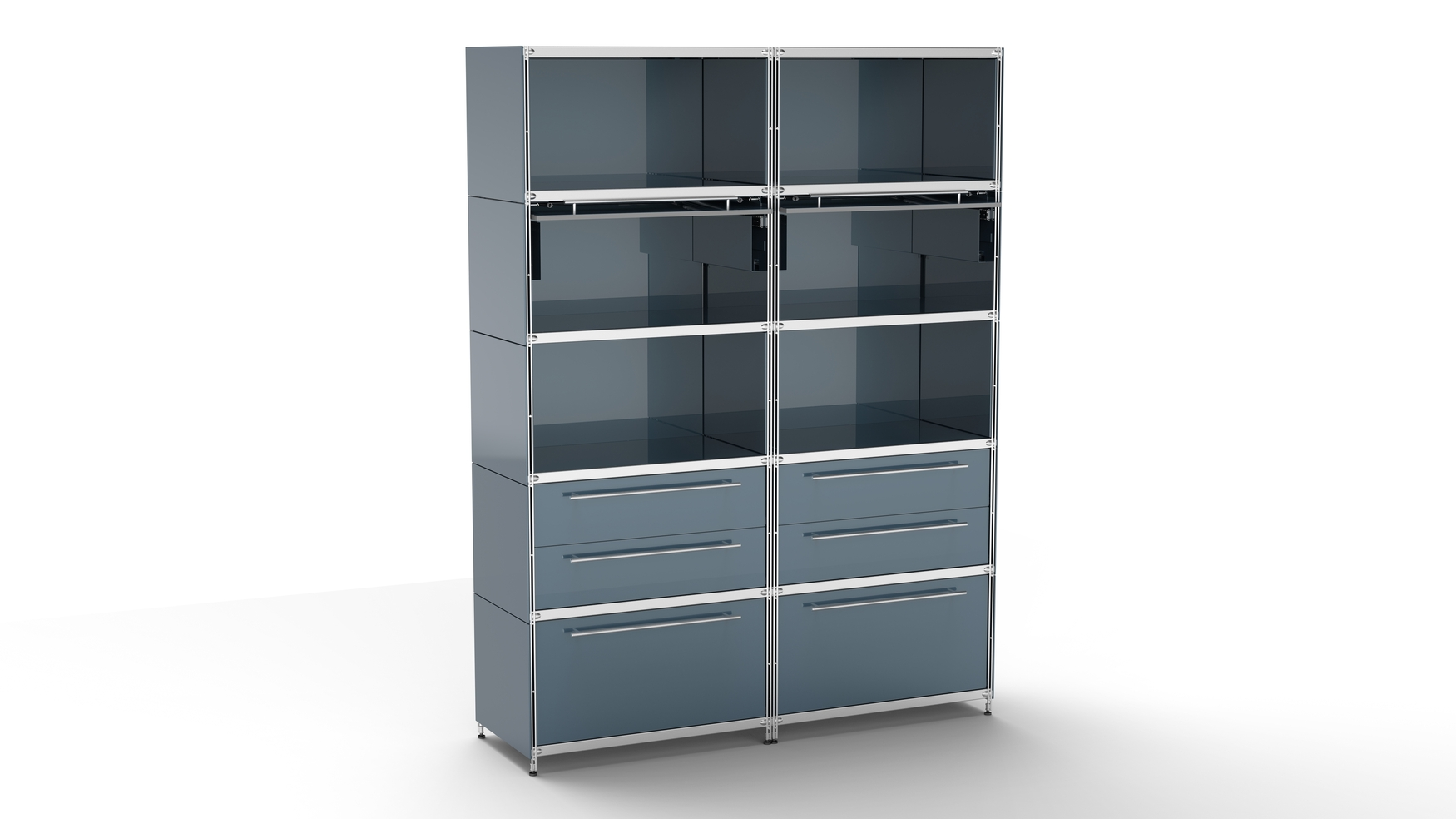 KUBUS Highboard Metall anthrazit grau mit 4 offenen Fächern + 2 Klappen + 2 großen Schubfächern + 2 Doppel-Schublade 160 cm breit 210 cm hoch