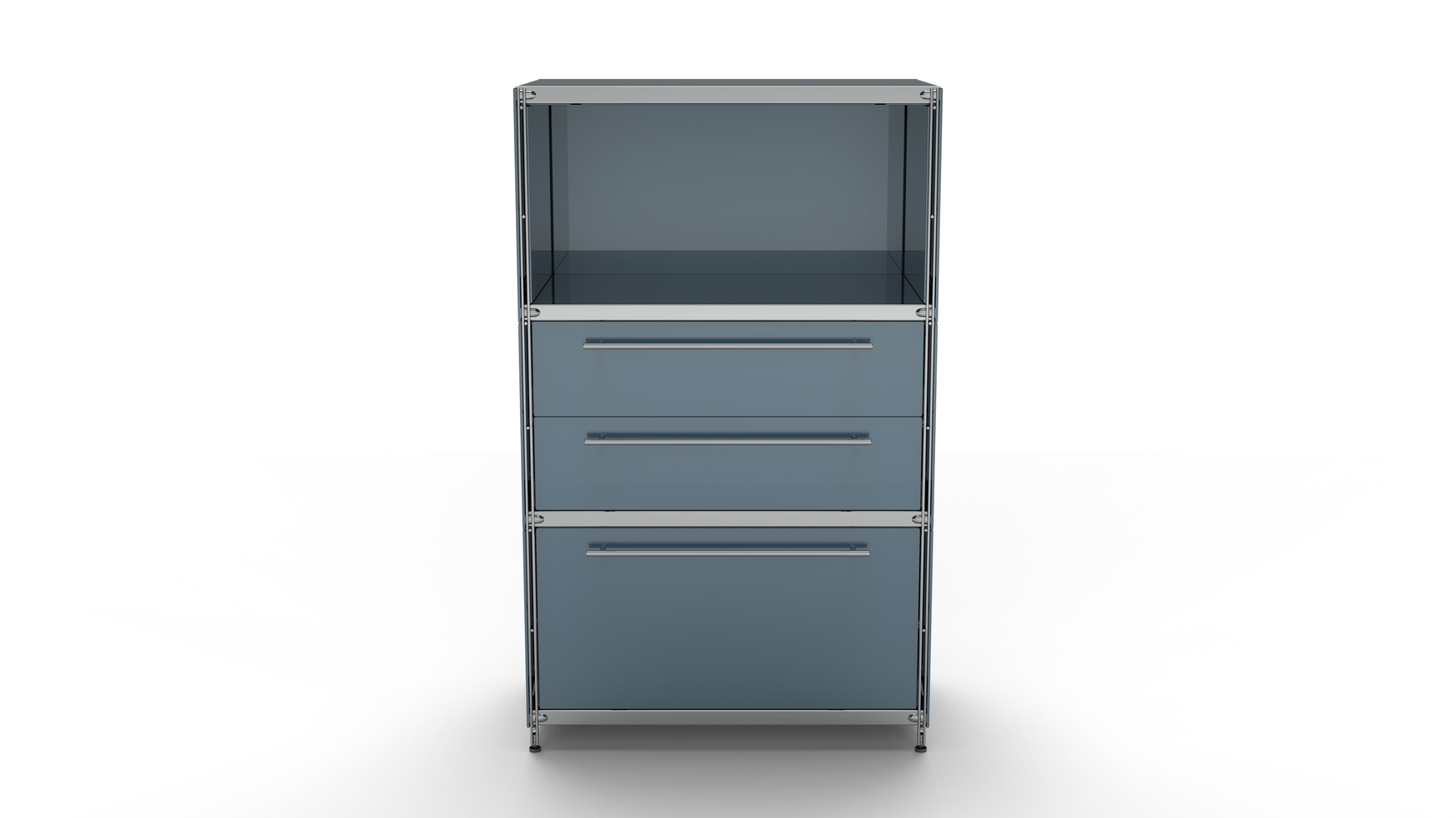 KUBUS Highboard Metall anthrazit pulverbeschichtet mit offenem Fach + Doppel-Schublade + Schublade groß 80 cm breit 130 cm hoch
