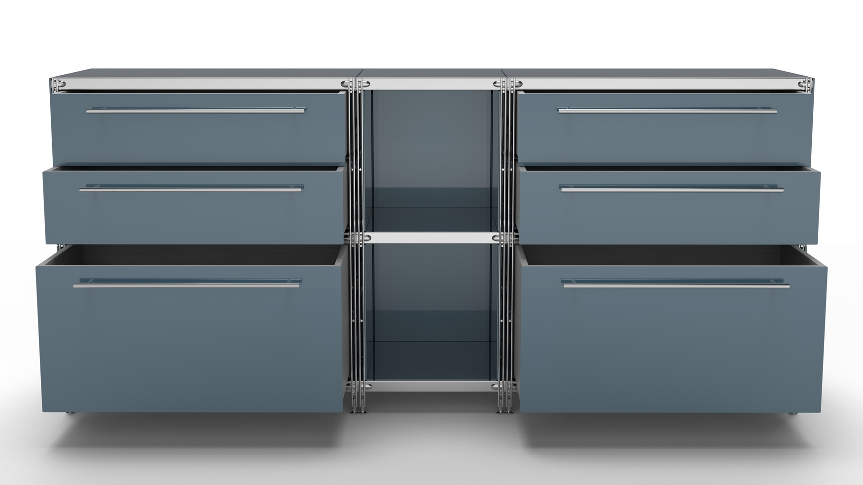 KUBUS Sideboard Metall anthrazit grau pulverbeschichtet mit 2 Doppel-Schubladen + 2 Schubladen groß + 2 offenen Fächern 196 cm breit