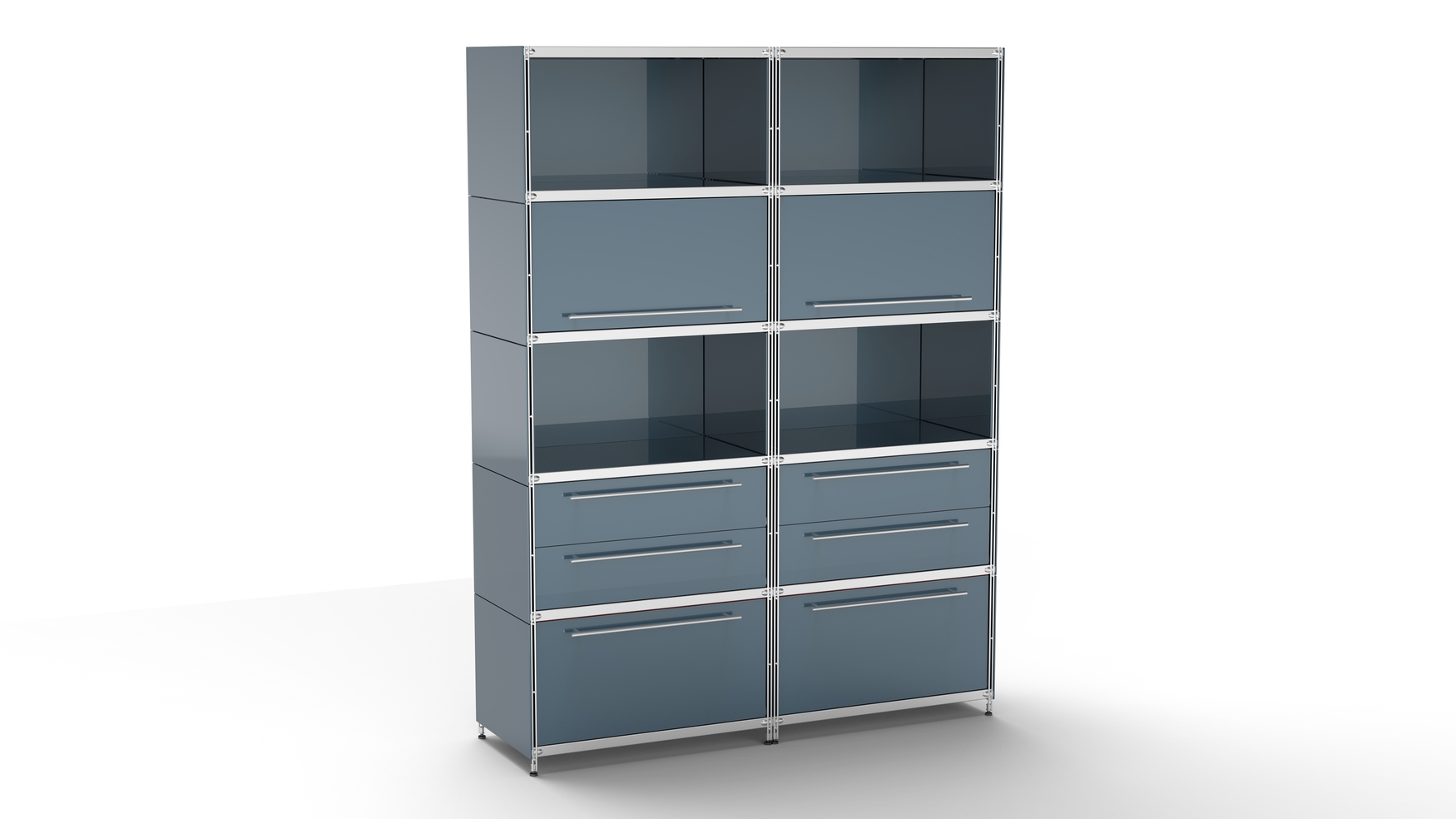 KUBUS Highboard Metall anthrazit mit 4 offenen Fächern + 2 Klappen + 2 großen Schubfächern + 2 Doppel-Schublade 160 cm breit 210 cm hoch