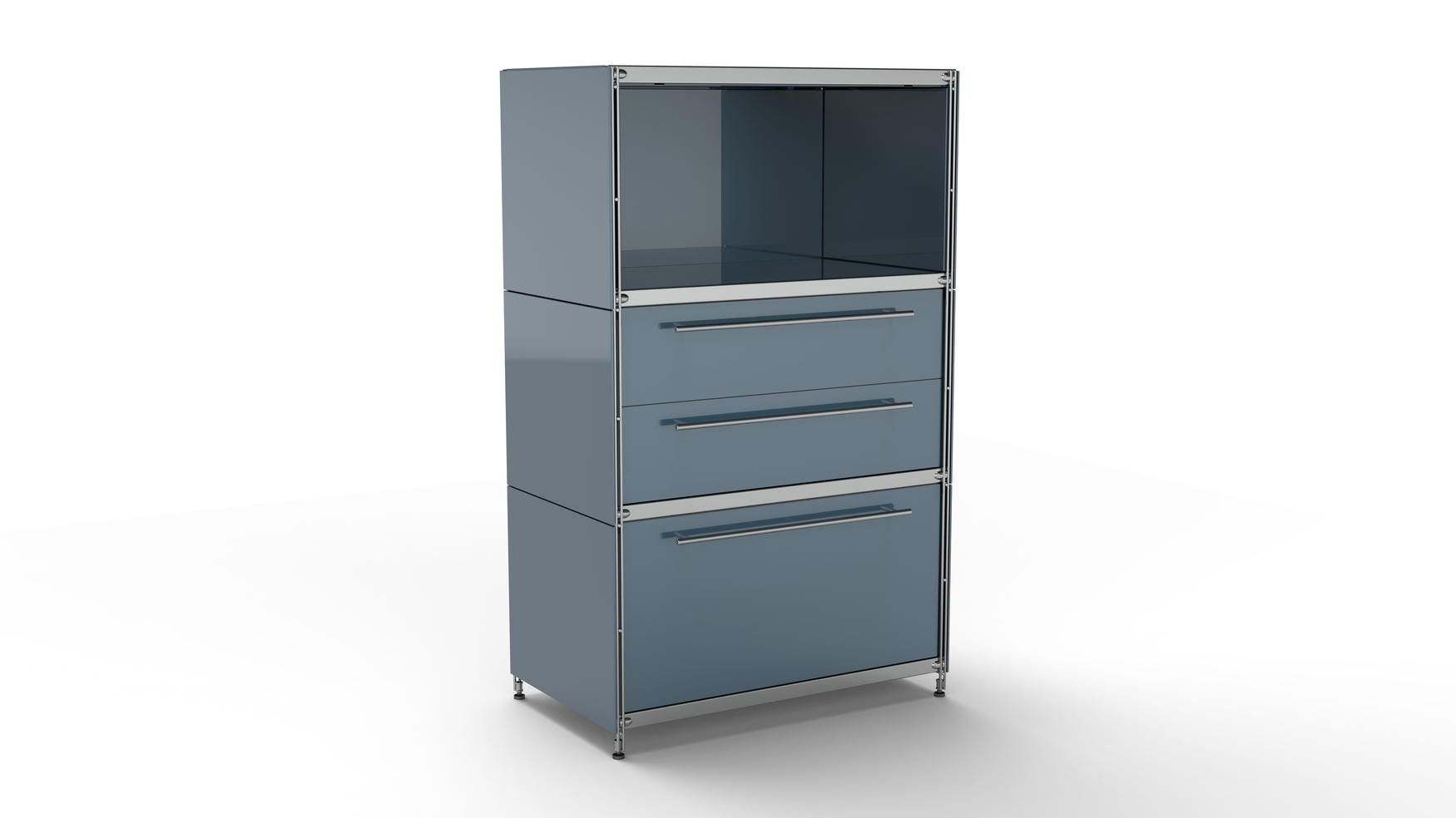 KUBUS Highboard Metall anthrazit pulverbeschichtet mit offenem Fach + Doppel-Schublade + Schublade groß 80 cm breit 130 cm hoch