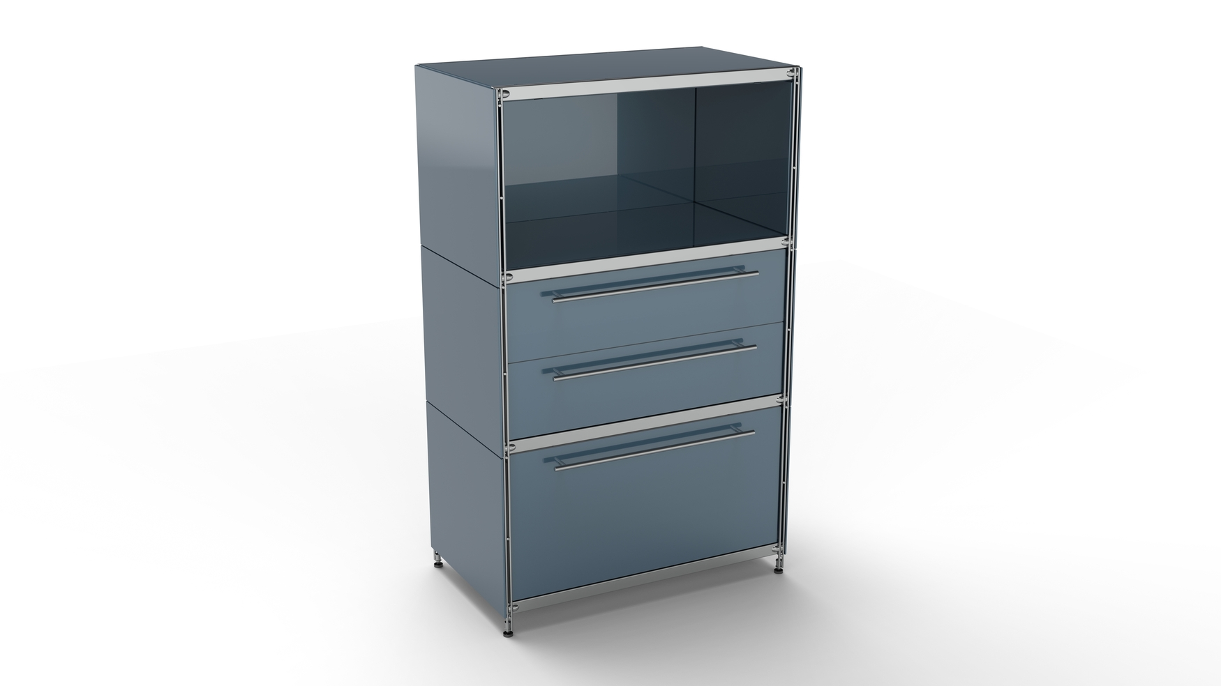 KUBUS Highboard Metall anthrazit pulverbeschichtet mit offenem Fach + Doppel-Schublade + Schublade groß 80 cm breit 130 cm hoch grau
