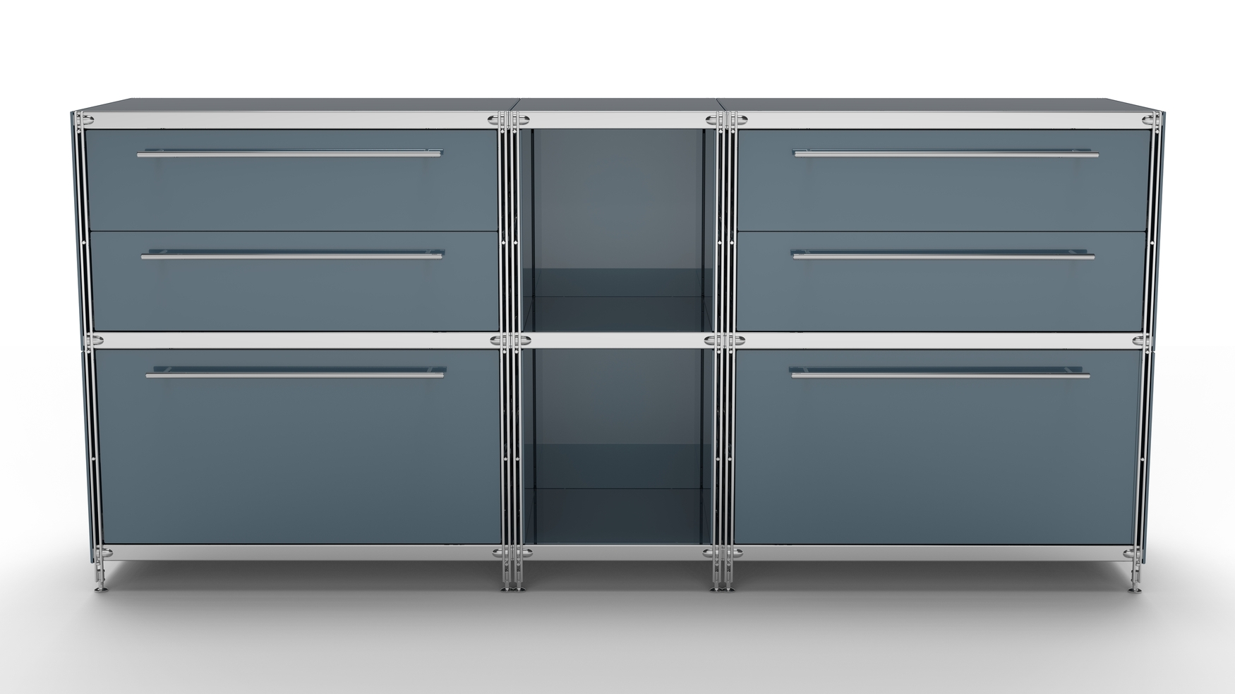 KUBUS Sideboard Metall anthrazit mit 2 Doppel-Schubladen + 2 Schubladen groß + 2 offenen Fächern 196 cm breit