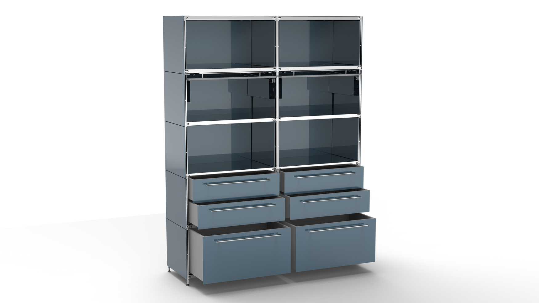 KUBUS Highboard Metall anthrazit mit 4 offenen Fächern + 2 Klappen + 2 großen Schubfächern + 2 Doppel-Schublade 160 cm breit 210 cm hoch