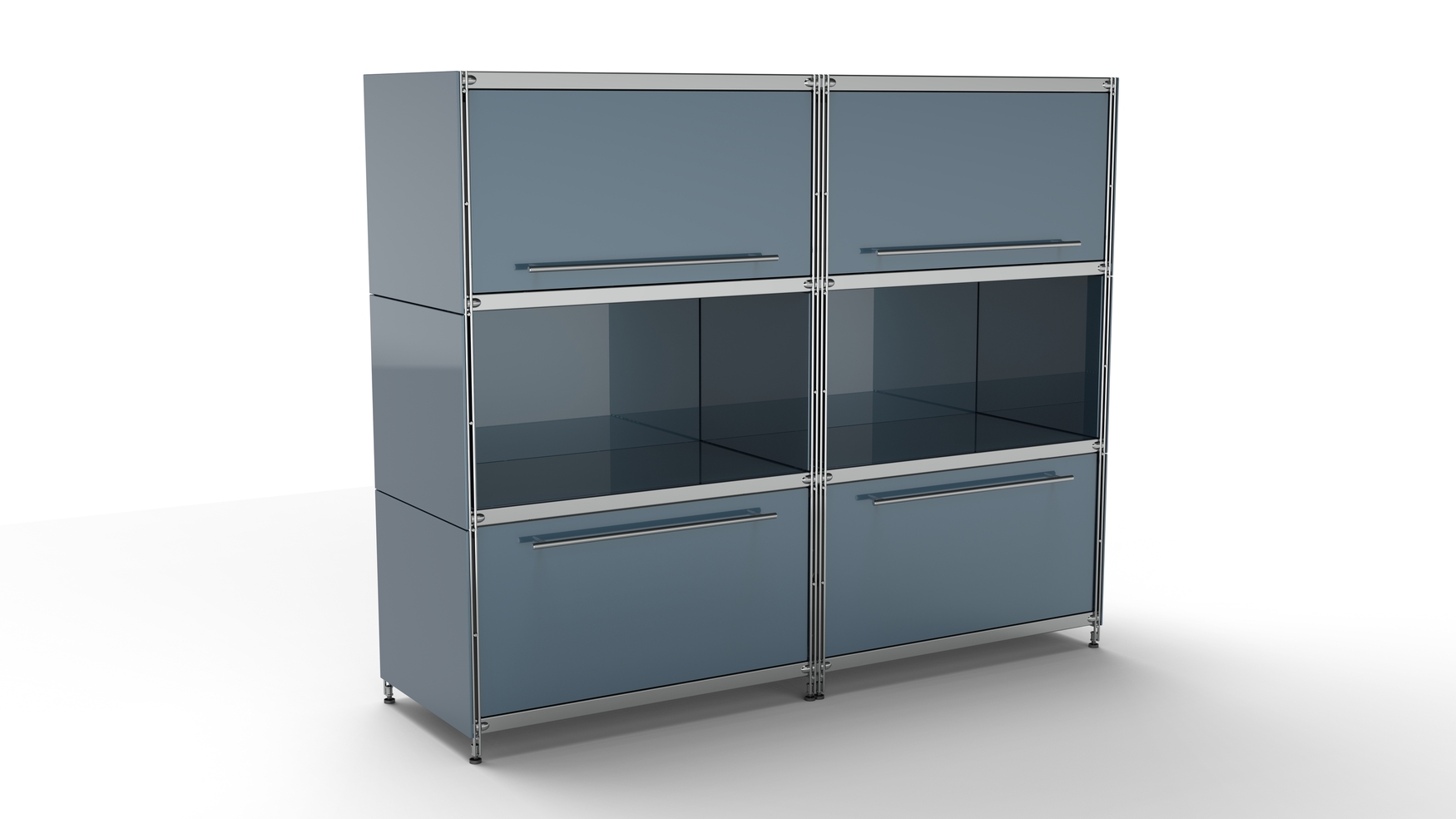 KUBUS Highboard Metall anthrazit pulverbeschichtet mit 2 Klappen + 2 offenen Fächern + 2 Schubladen groß 160 cm breit 130 cm hoch