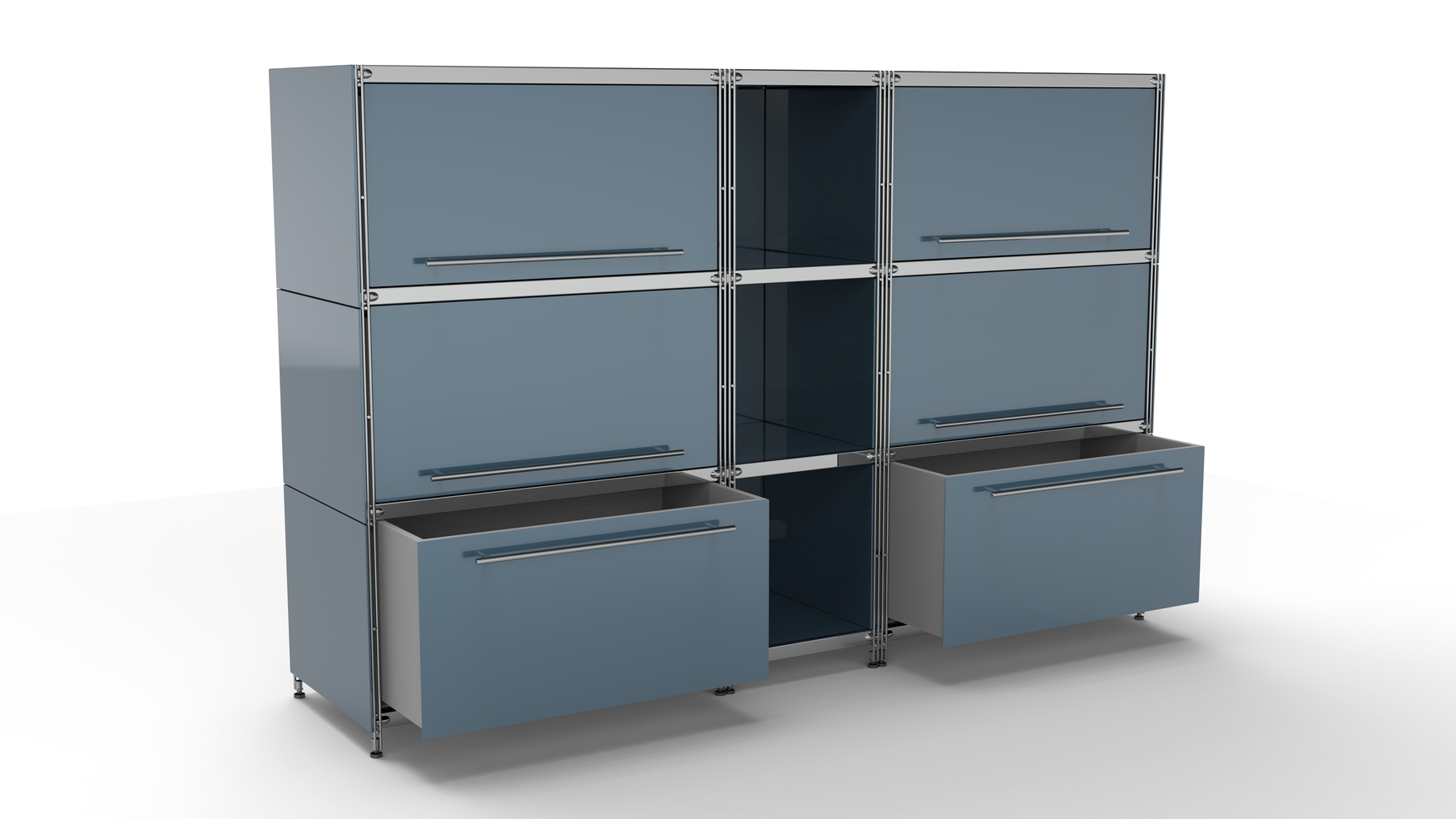 KUBUS Highboard Metall anthrazit mit 4 Klappen + 3 offenen Fächern + 2 großen Schubfächern offen 196 cm breit 130 cm hoch