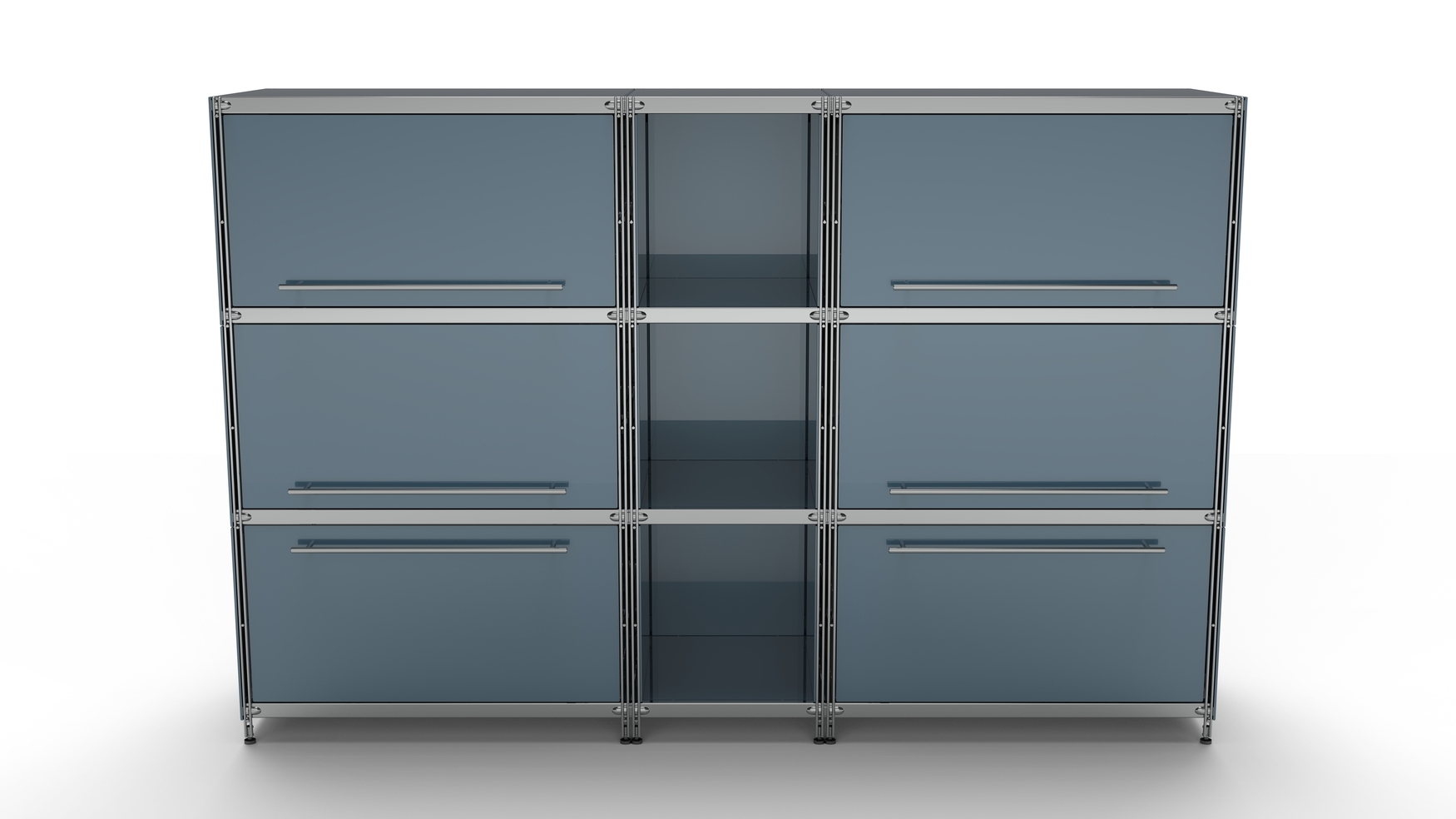 KUBUS Highboard Metall anthrazit grau mit 4 Klappen + 3 offenen Fächern + 2 großen Schubfächern 196 cm breit 130 cm hoch