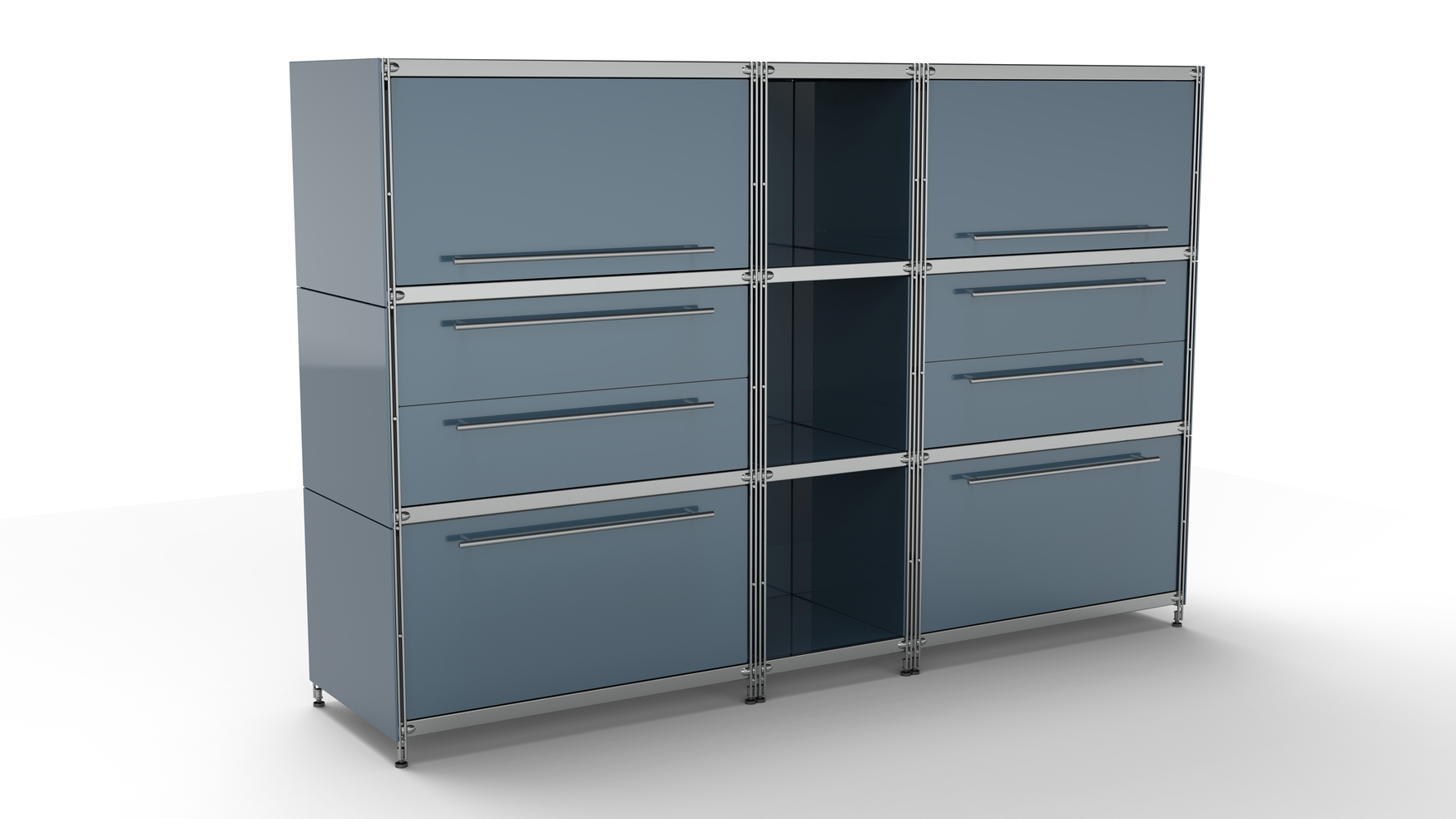 Balton KUBUS Highboard Metall anthrazit mit 2 Klappen + 3 offenen Fächern + 2 großen Schubfächern + 2 Doppel-Schubladen 196 cm breit 130 cm hoch