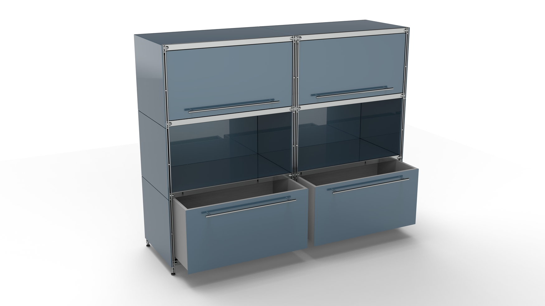 KUBUS Highboard Metall anthrazit pulverbeschichtet mit 2 Klappen + 2 offenen Fächern + 2 Schubladen groß 160 cm breit 130 cm hoch BALTON