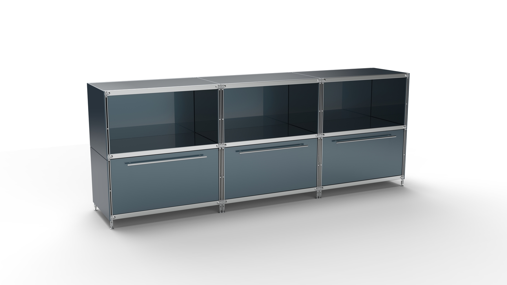 KUBUS Sideboard Metall anthrazit pulverbeschichtet mit 3 Fächern offen + 3 großen Schubladen 235 cm breit
