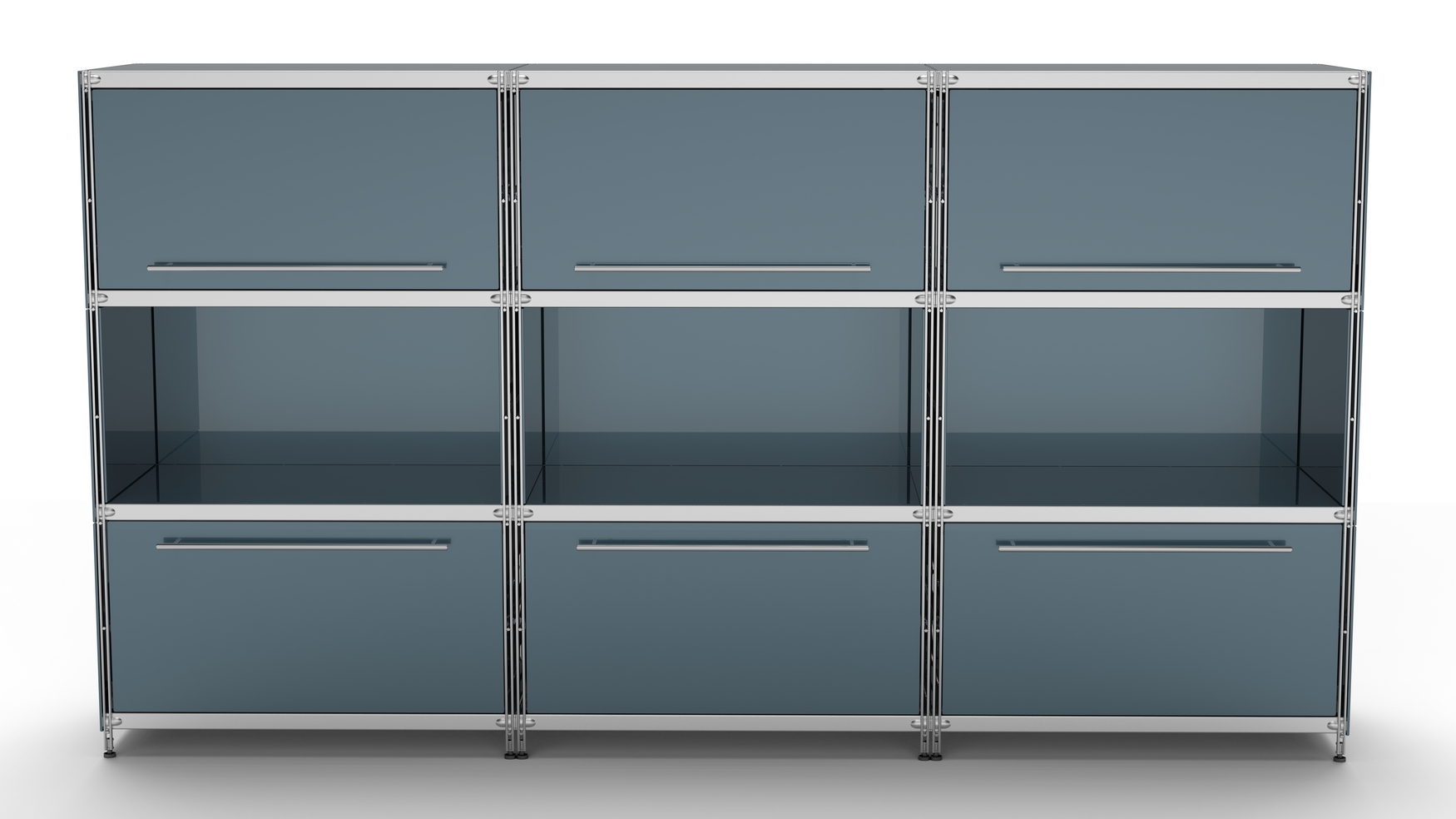 Balton KUBUS Highboard Metall anthrazit mit 3 Klappen Einzug oben + 3 offenen Fächern + 3 großen Schubfächern 235 cm breit 130 cm hoch