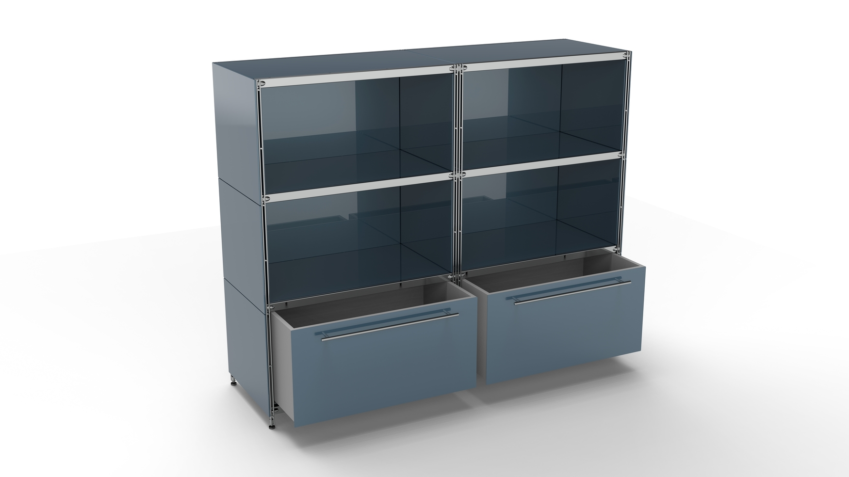 KUBUS Highboard Metall anthrazit pulverbeschichtet mit 4 offenen Fächern + 2 Schubladen groß 157 cm breit 130 cm hoch