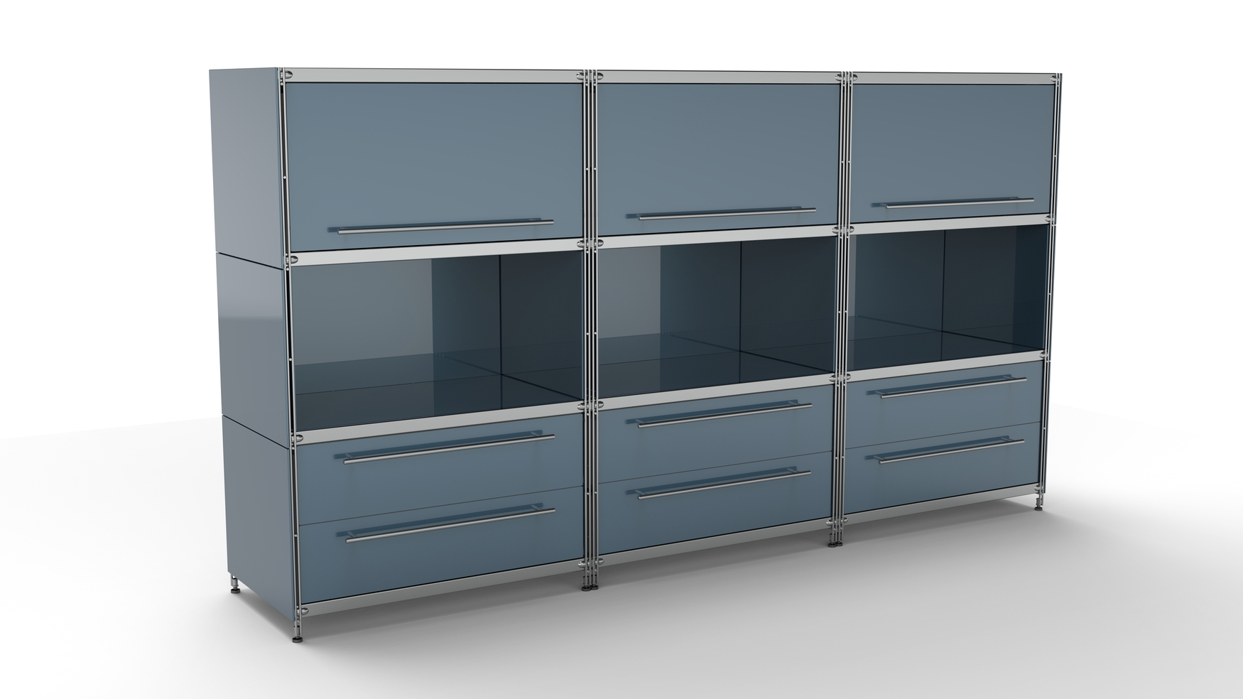BALTON KUBUS Highboard Metall anthrazit mit 3 Klappen Einzug oben + 3 offenen Fächern + 3 Doppel-Schubladen 235 cm breit 130 cm hoch