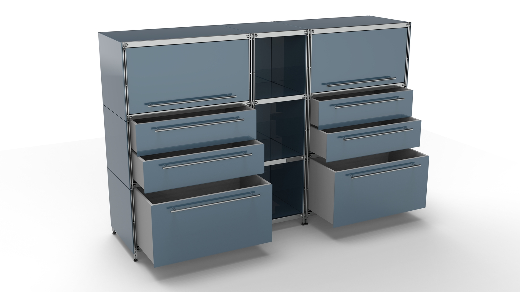 KUBUS Highboard Metall anthrazit mit 2 Einzugs-Klappen + 3 offenen Fächern + 2 großen Schubfächern + 2 Doppel-Schubladen 196 cm breit 130 cm hoch