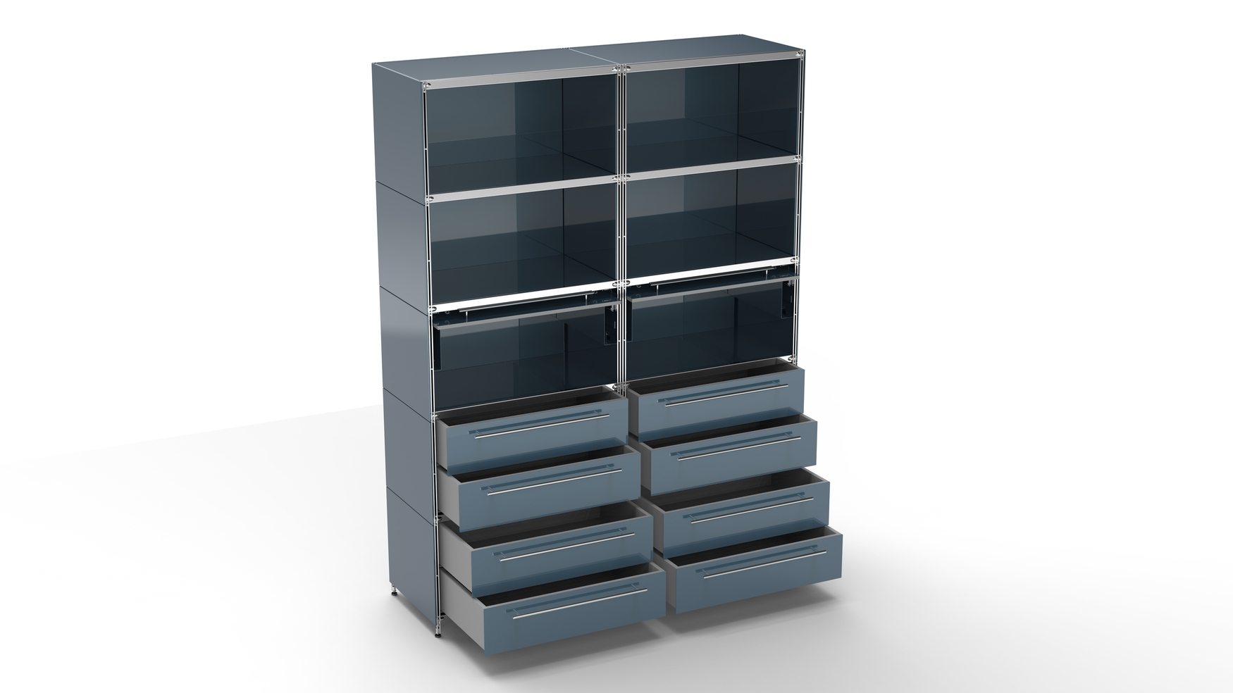 KUBUS Highboard Metall anthrazit mit 4 offenen Fächern + 2 Klappen offen + 4 Doppel-Schubladen 160 cm breit 210 cm hoch seitlich