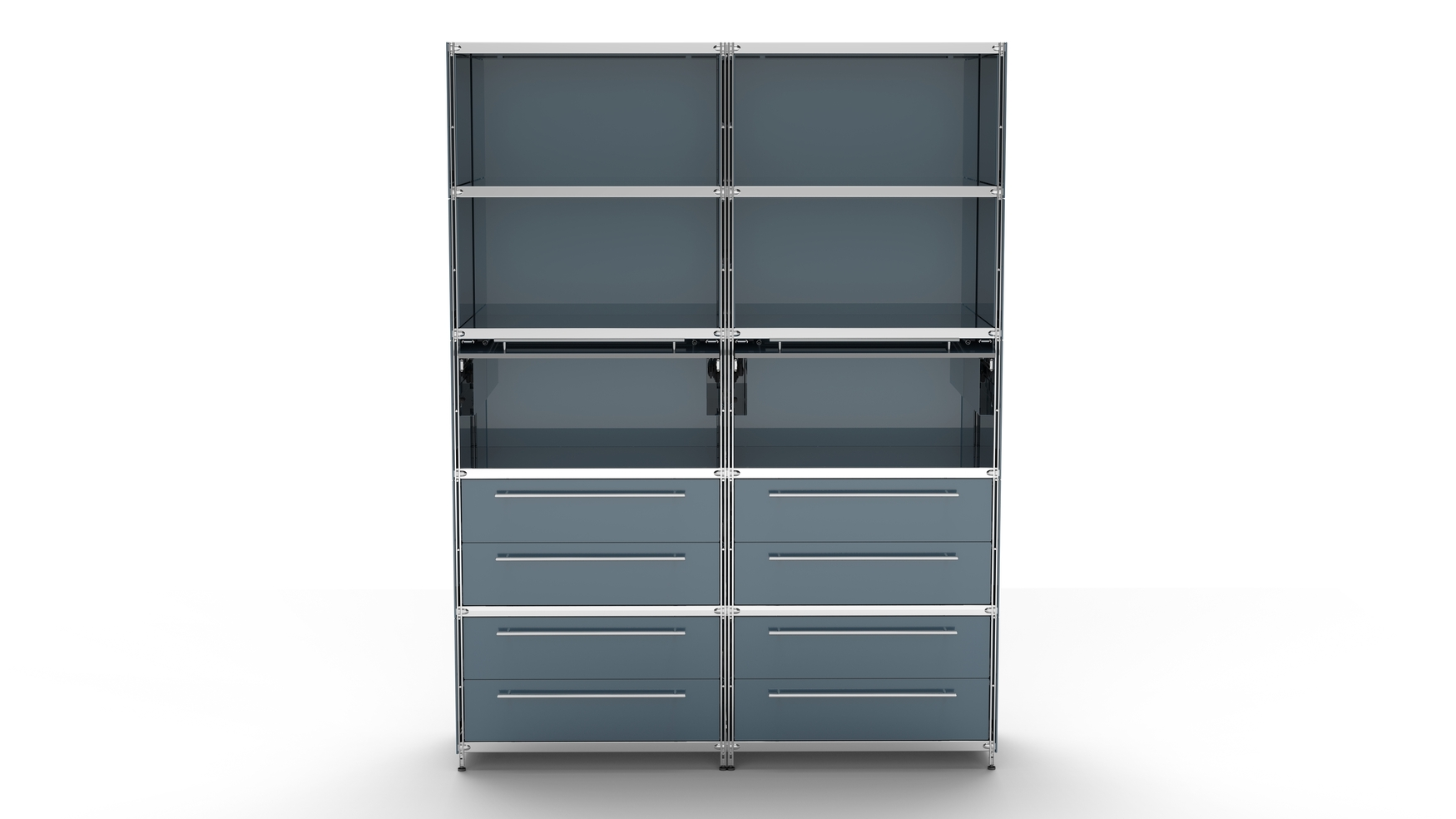 KUBUS Highboard Metall anthrazit mit 4 offenen Fächern + 2 Klappen offen Einzug oben + 4 Doppel-Schubladen 160 cm breit 210 cm hoch