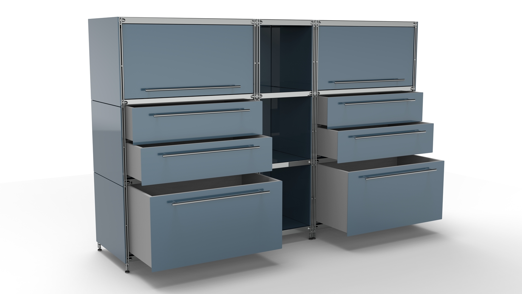 BALTON KUBUS Highboard Metall anthrazit mit 2 Einzugs-Klappen Öffnung nach oben + 3 offenen Fächern + 2 großen Schubfächern + 2 Doppel-Schubladen 196 cm breit 130 cm hoch