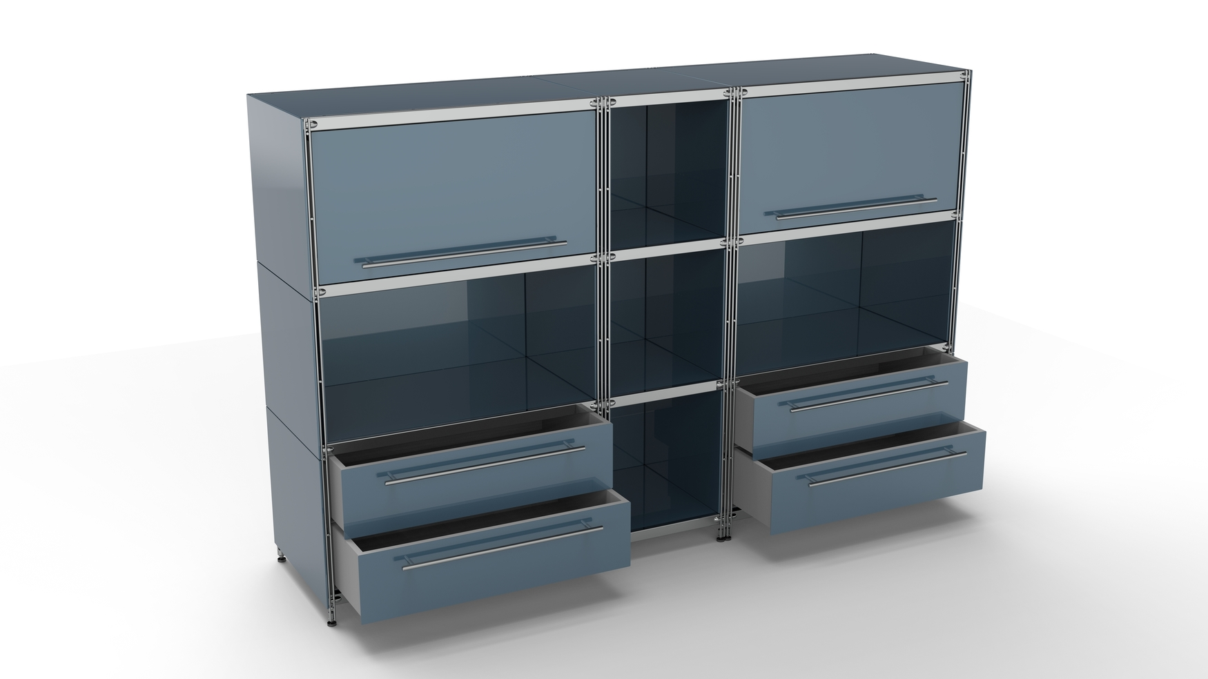 KUBUS Highboard Metall anthrazit mit 2 Klappen Einzug oben + 5 offenen Fächern + 2 Doppel-Schubladen 196 cm breit 130 cm hoch