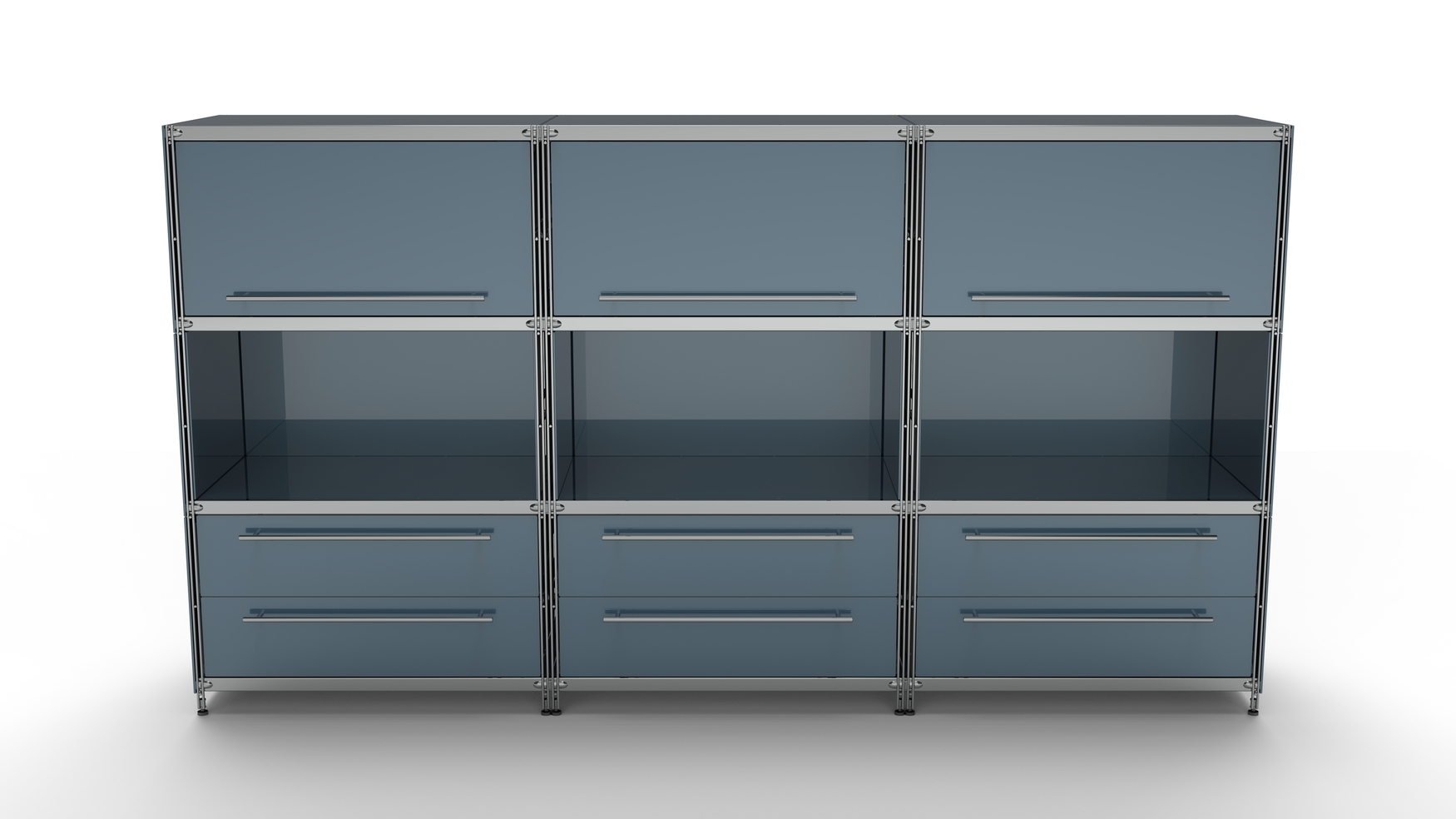 BALTON KUBUS Highboard Metall anthrazit mit 3 Klappen Einzug oben + 3 offenen Fächern + 3 Doppel-Schubladen 235 cm breit 130 cm hoch