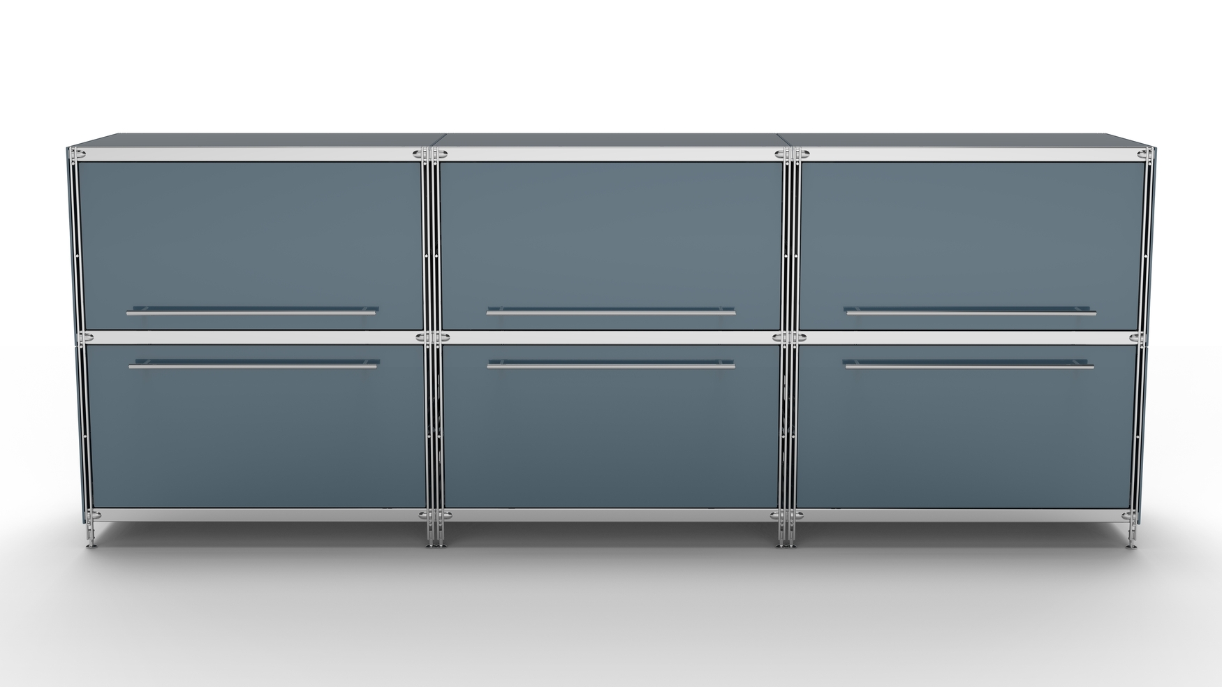 KUBUS Sideboard Metall anthrazit pulverbeschichtet mit 3 Klappen + 3 Doppel-Schubladen 235 cm breit 90 cm hoch