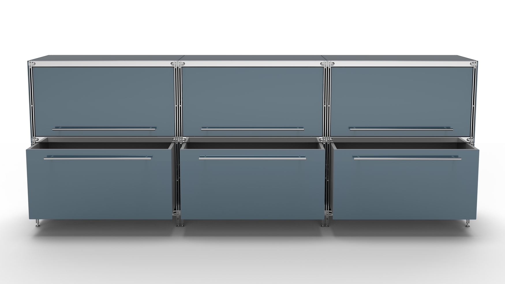 KUBUS Sideboard Metall anthrazit pulverbeschichtet mit 3 Klappen + 3 Doppel-Schubladen 235 cm breit 90 cm hoch