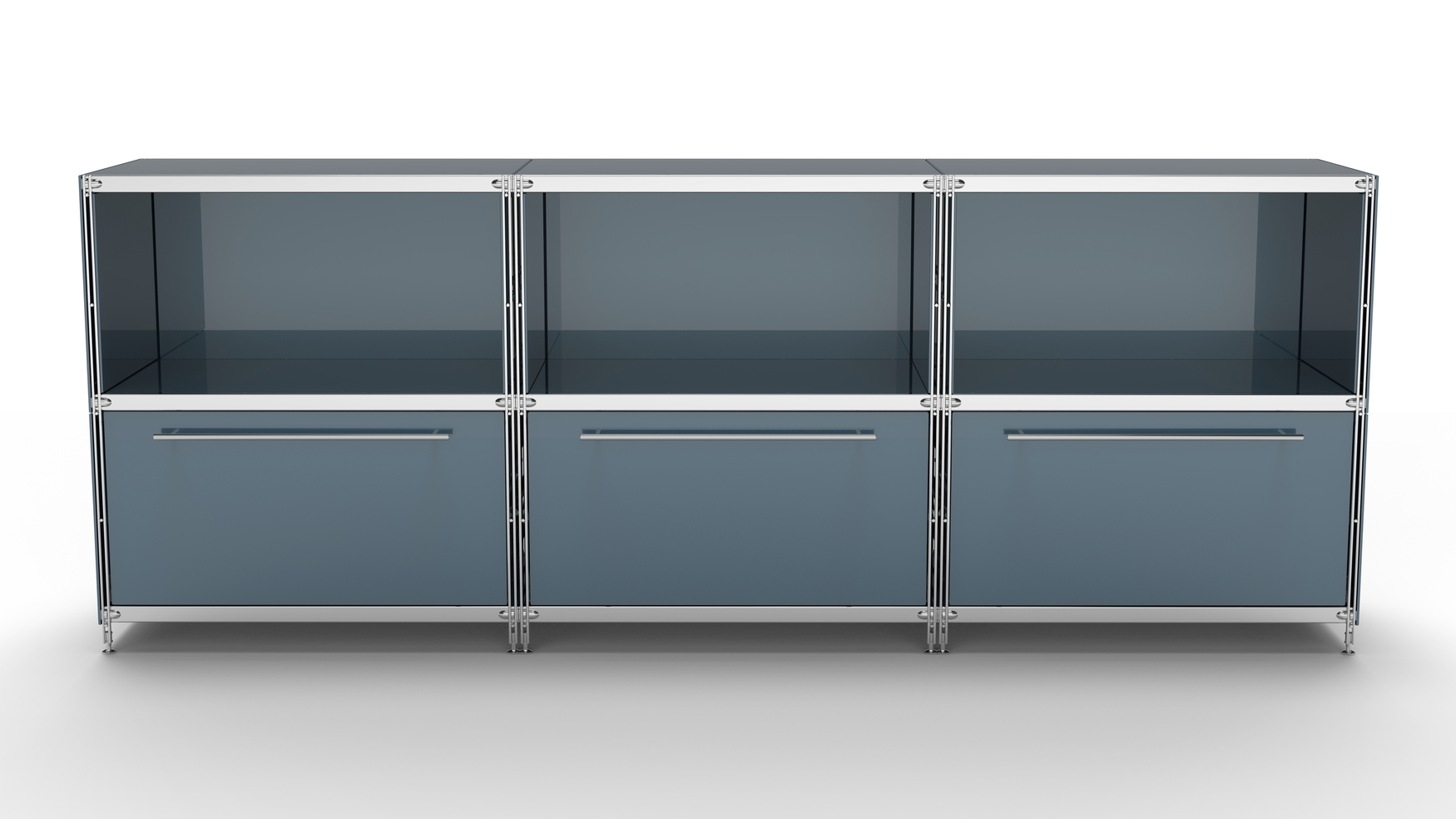 KUBUS Sideboard Metall anthrazit pulverbeschichtet mit 3 Fächern offen + 3 großen Schubladen 235 cm breit 90 cm hoch
