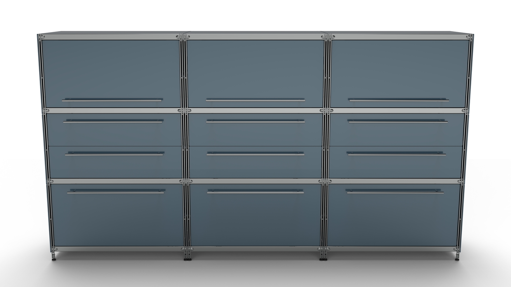 KUBUS Highboard Metall anthrazit mit 3 Klappen mit Einzug oben + 3 Doppel-Schubladen + 3 großen Schubfächern 235 cm breit 130 cm hoch