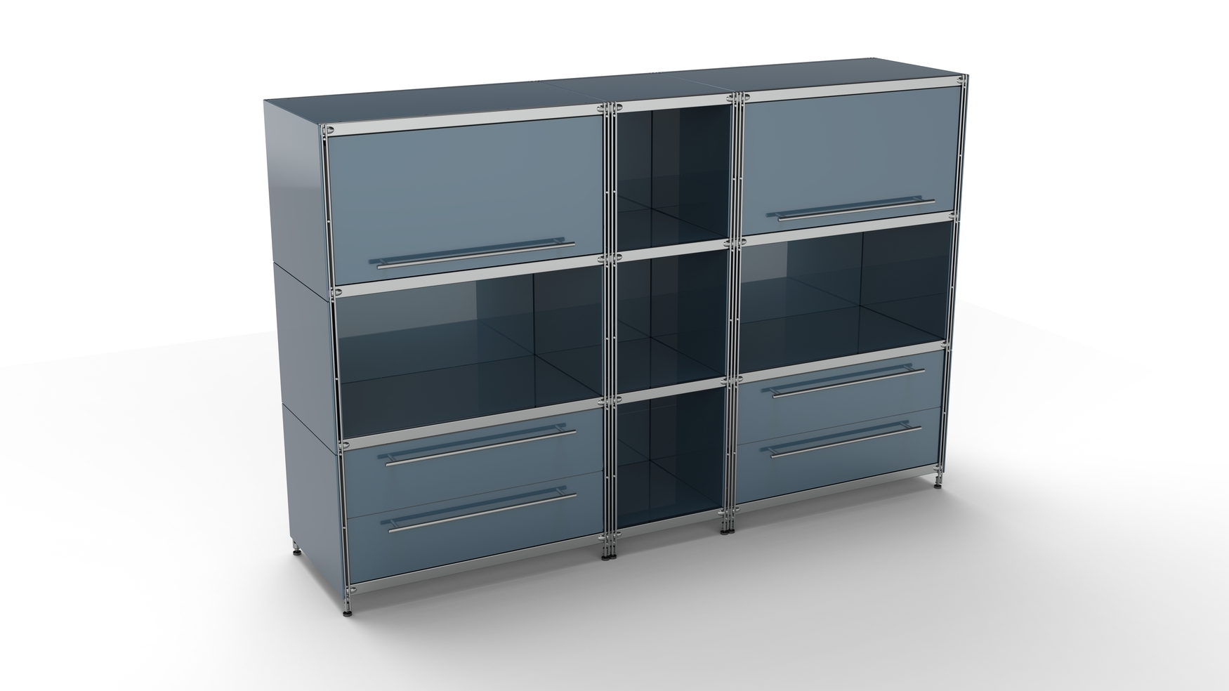 Balton KUBUS Highboard Metall anthrazit mit 2 Klappen Einzug oben + 5 offenen Fächern + 2 Doppel-Schubladen 196 cm breit 130 cm hoch
