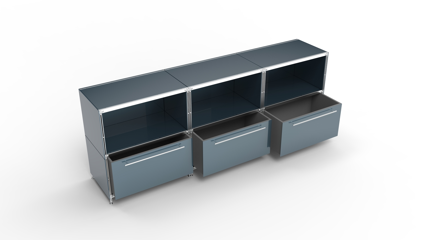 KUBUS Sideboard Metall anthrazit pulverbeschichtet mit 3 Fächern offen + 3 großen Schubladen 235 cm breit
