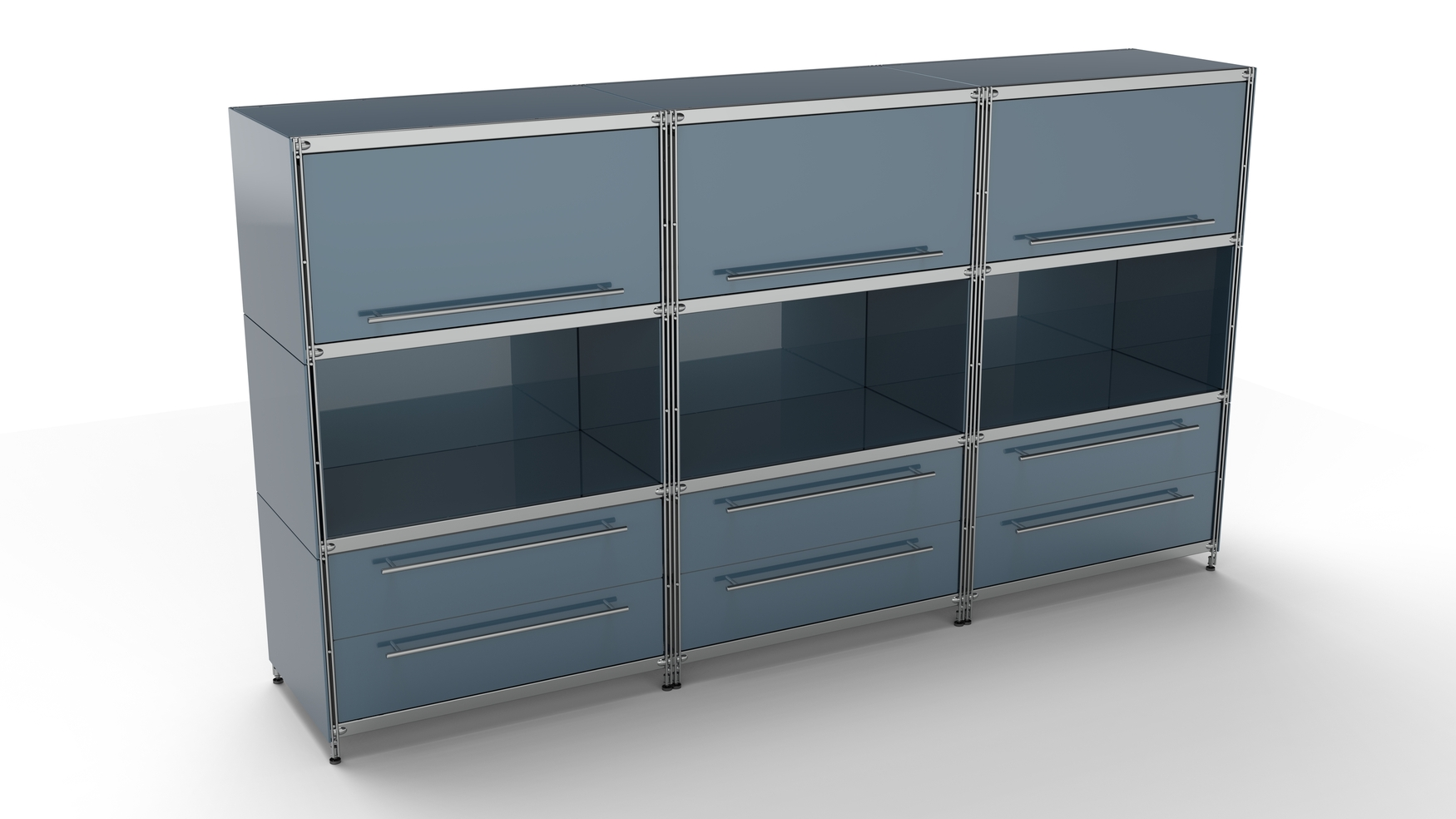 BALTON KUBUS Highboard Metall anthrazit mit 3 Klappen Einzug oben + 3 offenen Fächern + 3 Doppel-Schubladen 235 cm breit 130 cm hoch seitlich