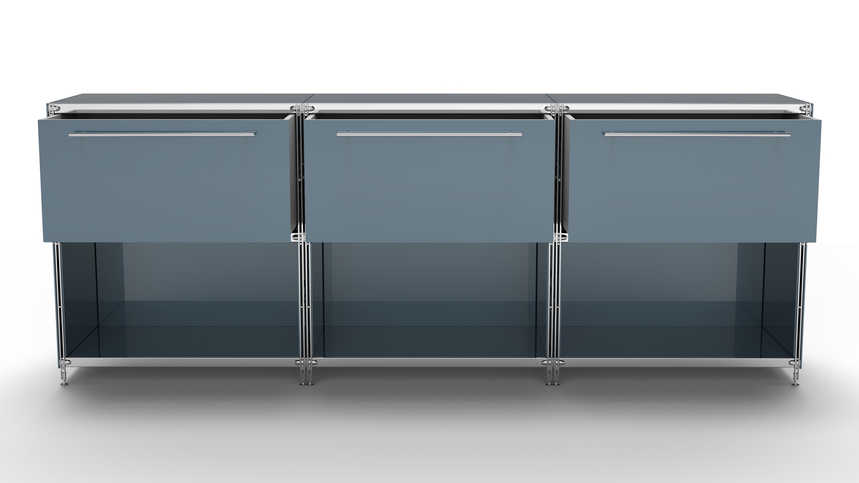 KUBUS Sideboard Metall anthrazit pulverbeschichtet mit 3 großen Schubladen + 3 Fächern offen 235 cm breit 90 cm hoch