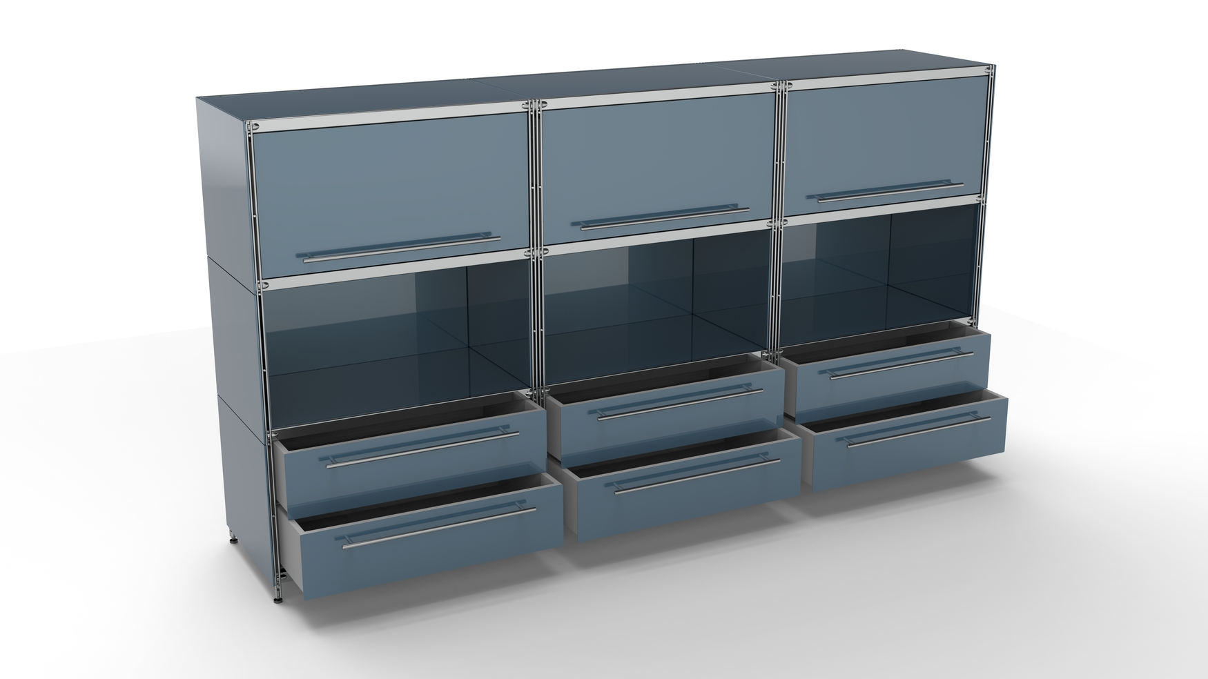 BALTON KUBUS Highboard Metall anthrazit grau mit 3 Klappen Einzug oben + 3 offenen Fächern + 3 Doppel-Schubladen 235 cm breit 130 cm hoch