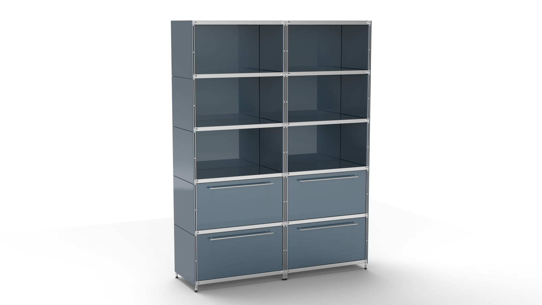 KUBUS Highboard Metall anthrazit mit 6 offenen Fächern + 4 großen Schubfächern 160 cm breit 210 cm hoch seitlich