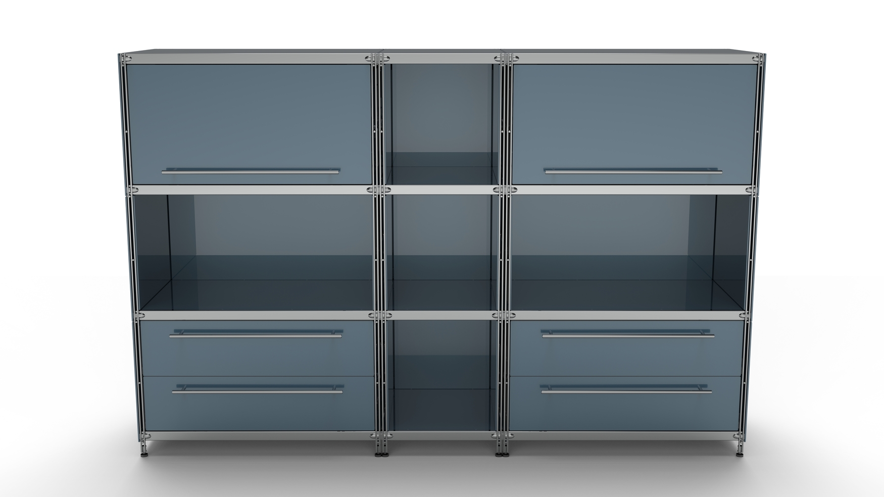 Balton KUBUS Highboard Metall anthrazit mit 2 Klappen + 5 offenen Fächern + 2 Doppel-Schubladen 196 cm breit 130 cm hoch grau