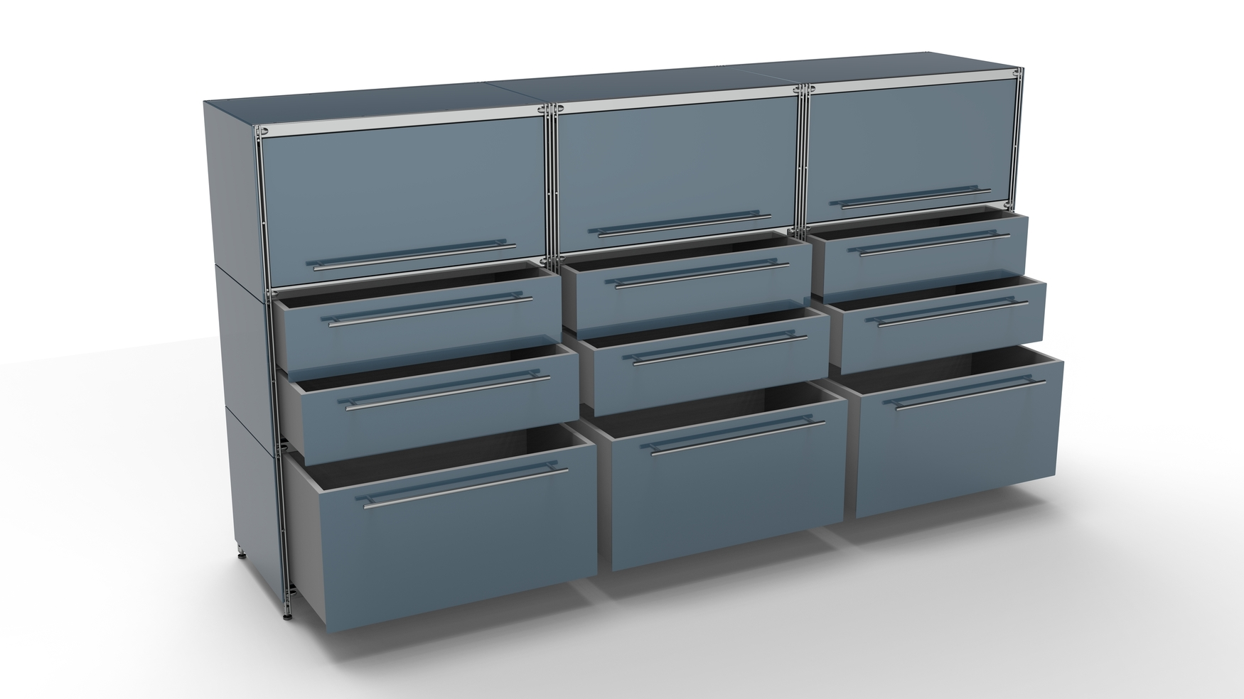 KUBUS Highboard Metall anthrazit mit 3 Klappen + 3 Doppel-Schubladen + 3 großen Schubfächern 235 cm breit 130 cm hoch grau