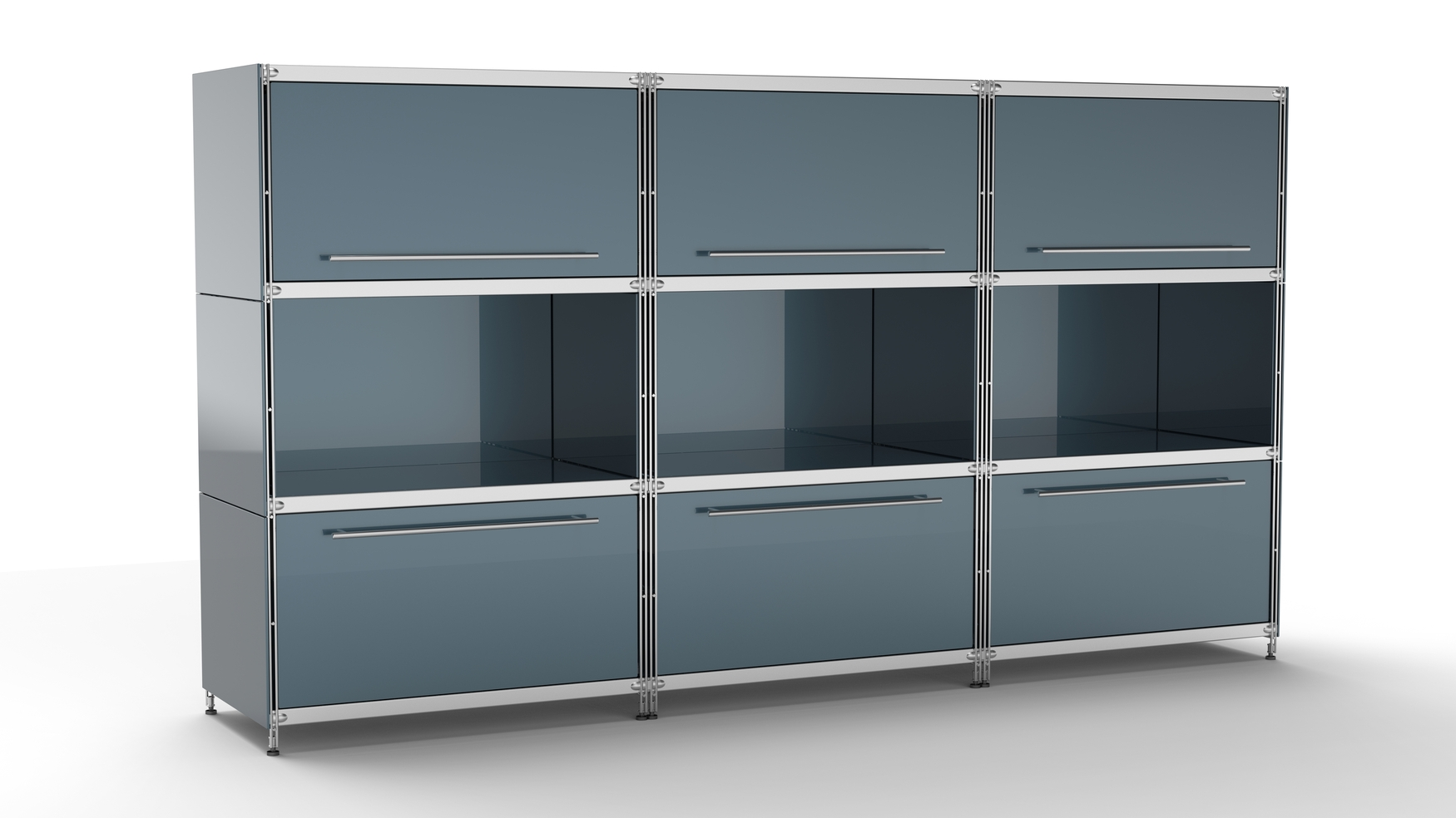 Balton KUBUS Highboard Metall anthrazit mit 3 Klappen Einzug oben + 3 offenen Fächern + 3 großen Schubfächern 235 cm breit 130 cm hoch