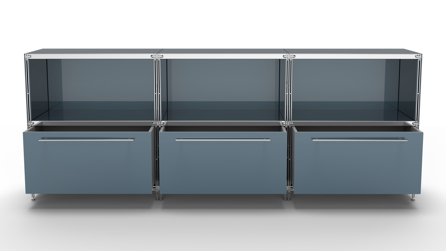 KUBUS Sideboard Metall anthrazit pulverbeschichtet mit 3 Fächern offen + 3 großen Schubladen 235 cm breit 90 cm hoch